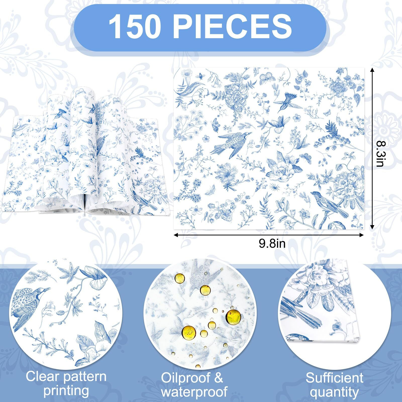 Jarthenaamcs 150Pcs Blue Floral Wax Paper Chinoiserie Bird Flower Deli Wrap Sandwich Wrap Tissue Waterproof Oil-Proof Picnic Liners For Party Kitchen Supplies, 9.8 X 8.3 Inch