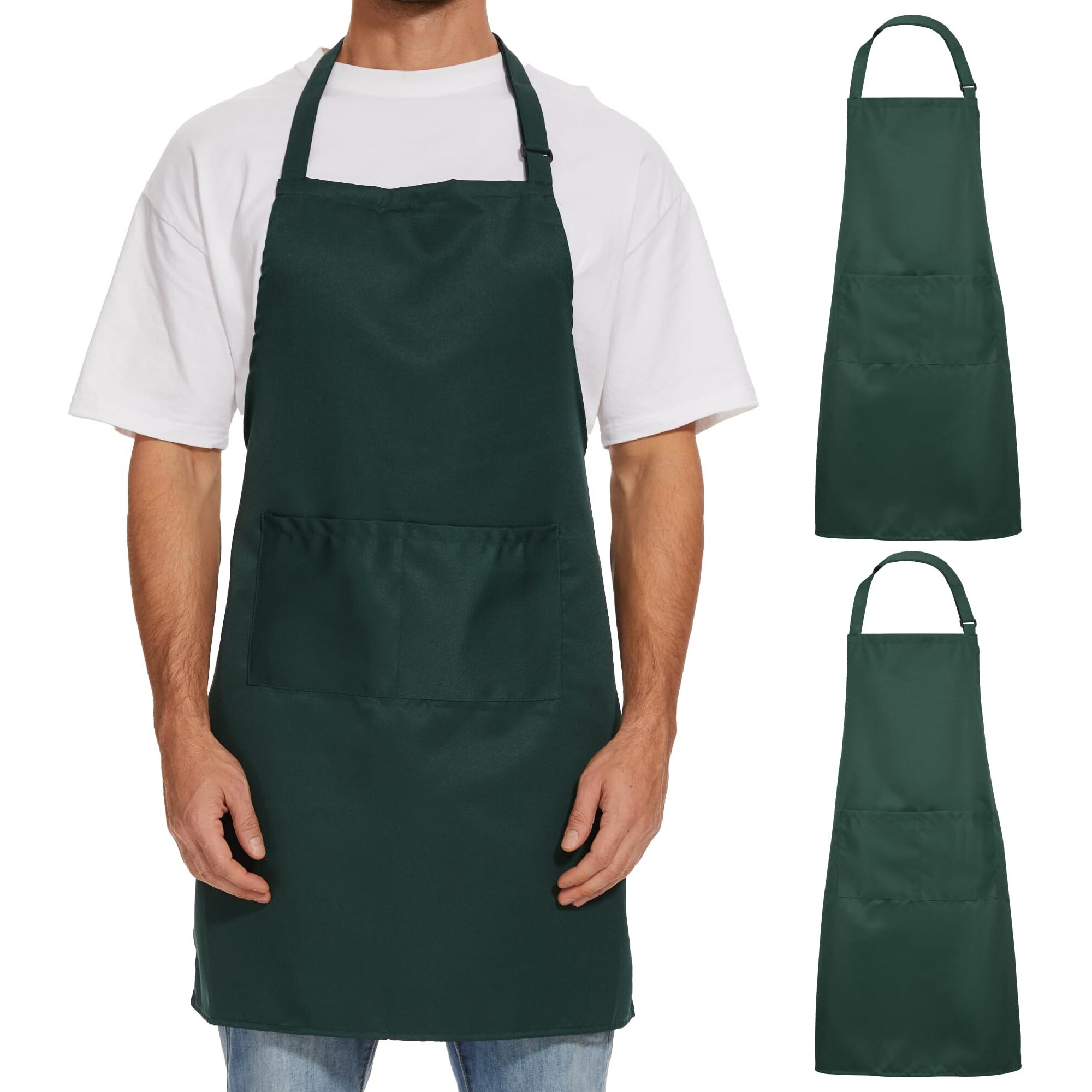 Will Well Kitchen Apron For Men And Women - 33"" X 27"" Oil-And-Water-Resistant With Adjustable Neck Strap And 38"" Waist Ties For A Snug Fit, Lightweight With 2 Front Pockets - 2-Pack, Green