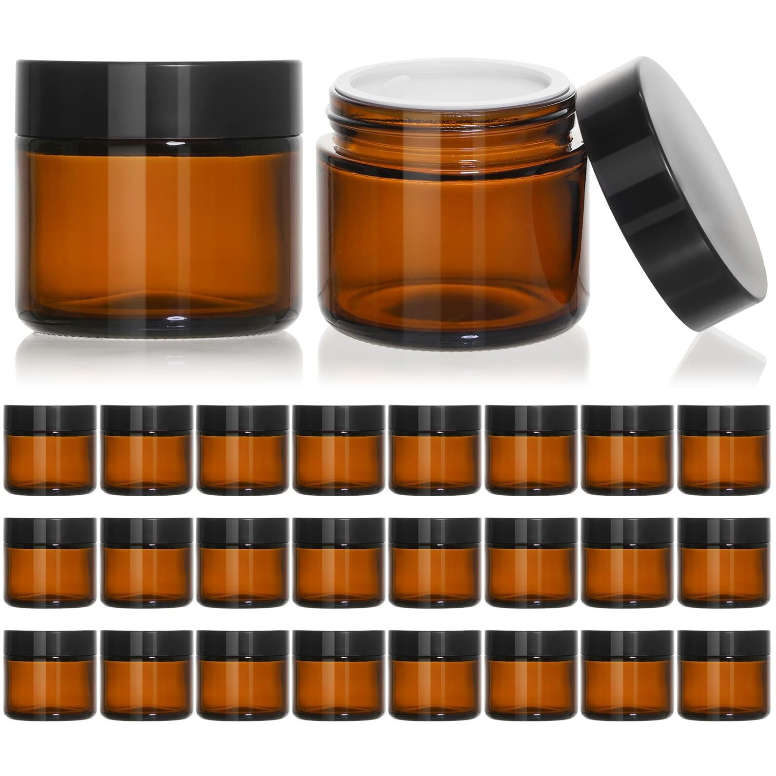 Keywing 2 Oz Amber Glass Jars With Black Lids, 24 Pack Small Cosmetic Jars, Round Empty Sample Container With Inner Liners For Lotions, Cream, Powders And Ointments