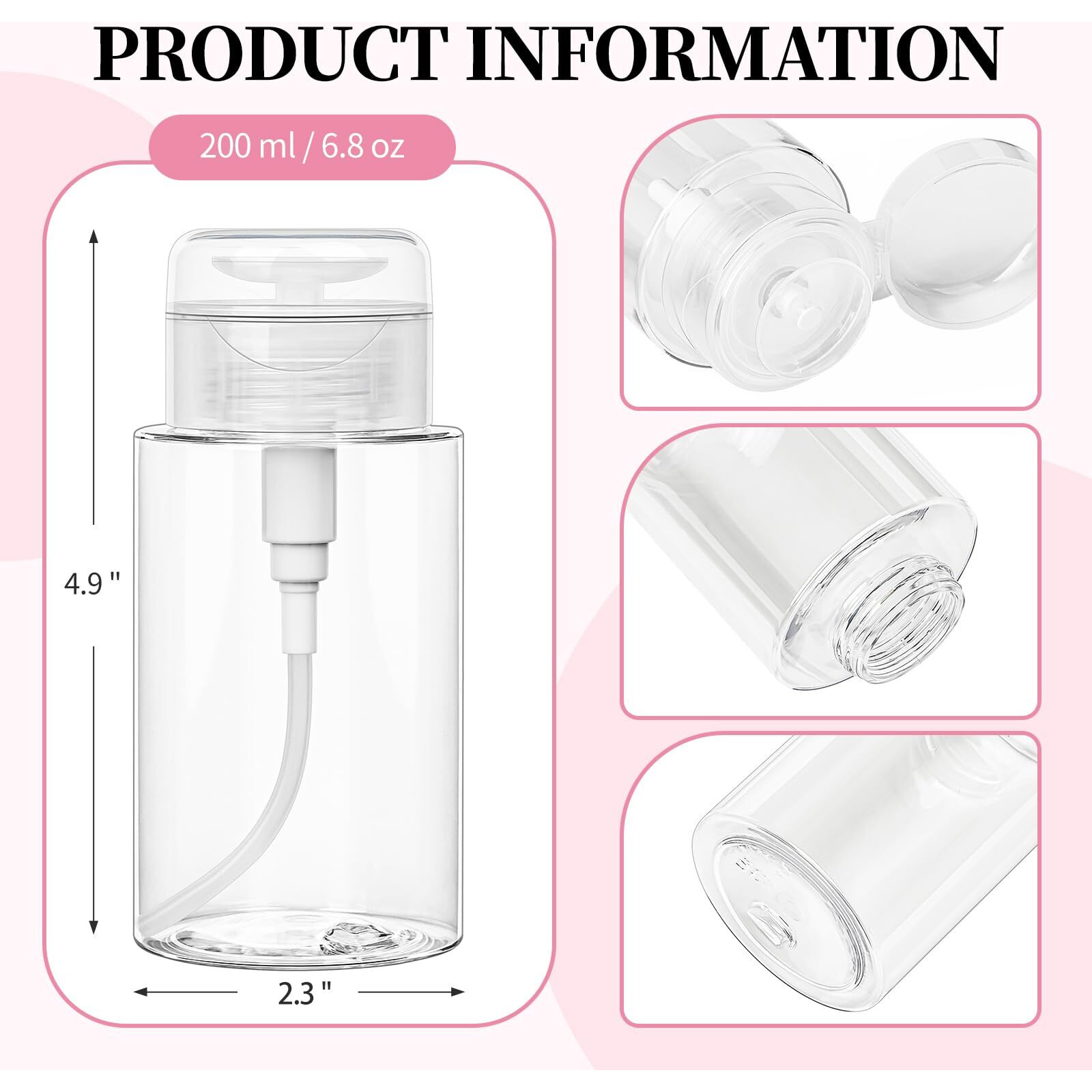 3 Pack Push Down Pump Bottle Dispenser For Makeup Remover, Facial Toner, Micellar Water, Alcohol, Nail Polish Remover Empty Push Top Bottles Containers 6.7Oz/200Ml