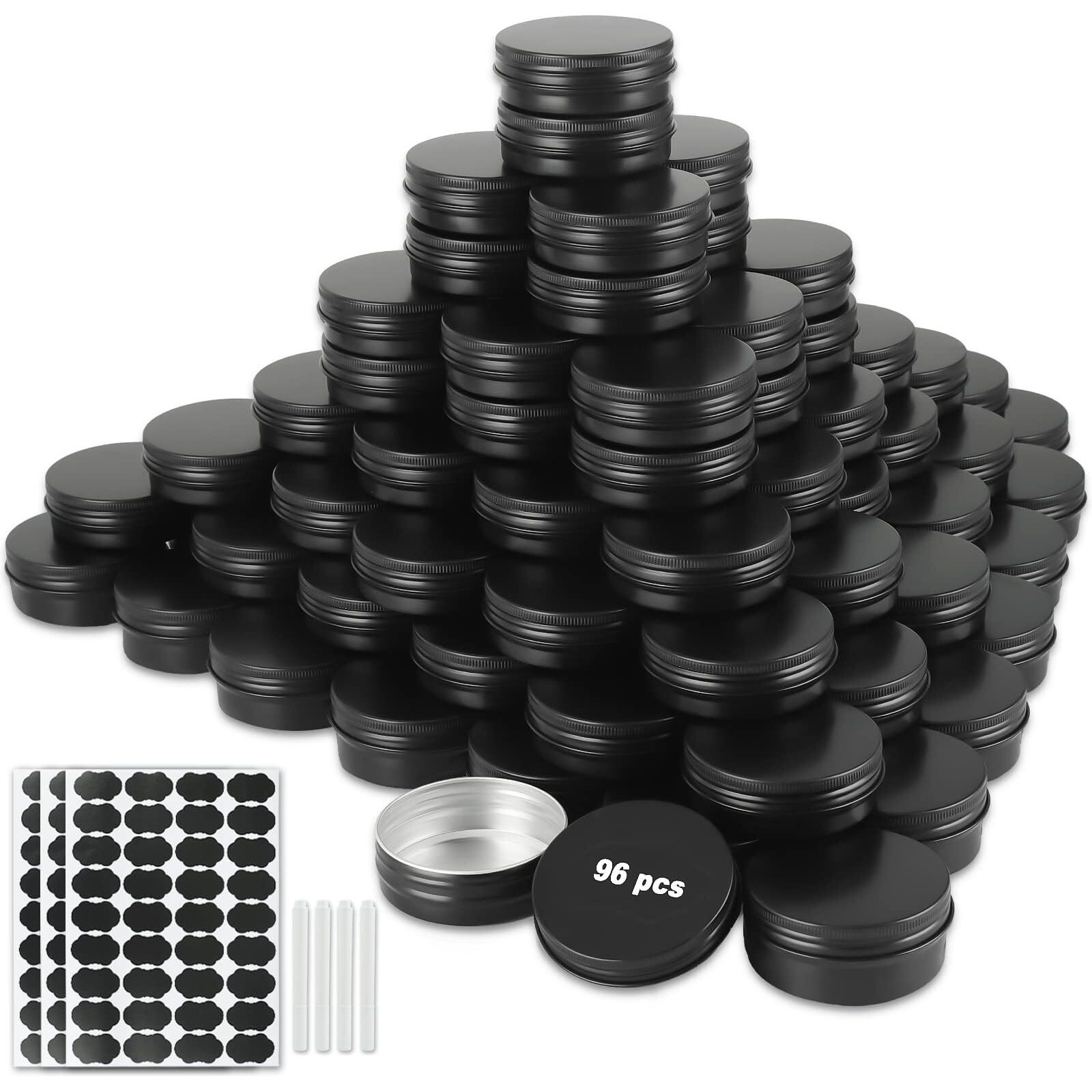Obkjj 96 Pack Round Cans With Screw Lid 2 Oz Aluminum Metal Tins Diy Food Candle Containers For Lotion Bars, Balms, Salve, Spices, Beard Balm, Crafts With 4 Markers 3 Sheets Label Stickers (Black)