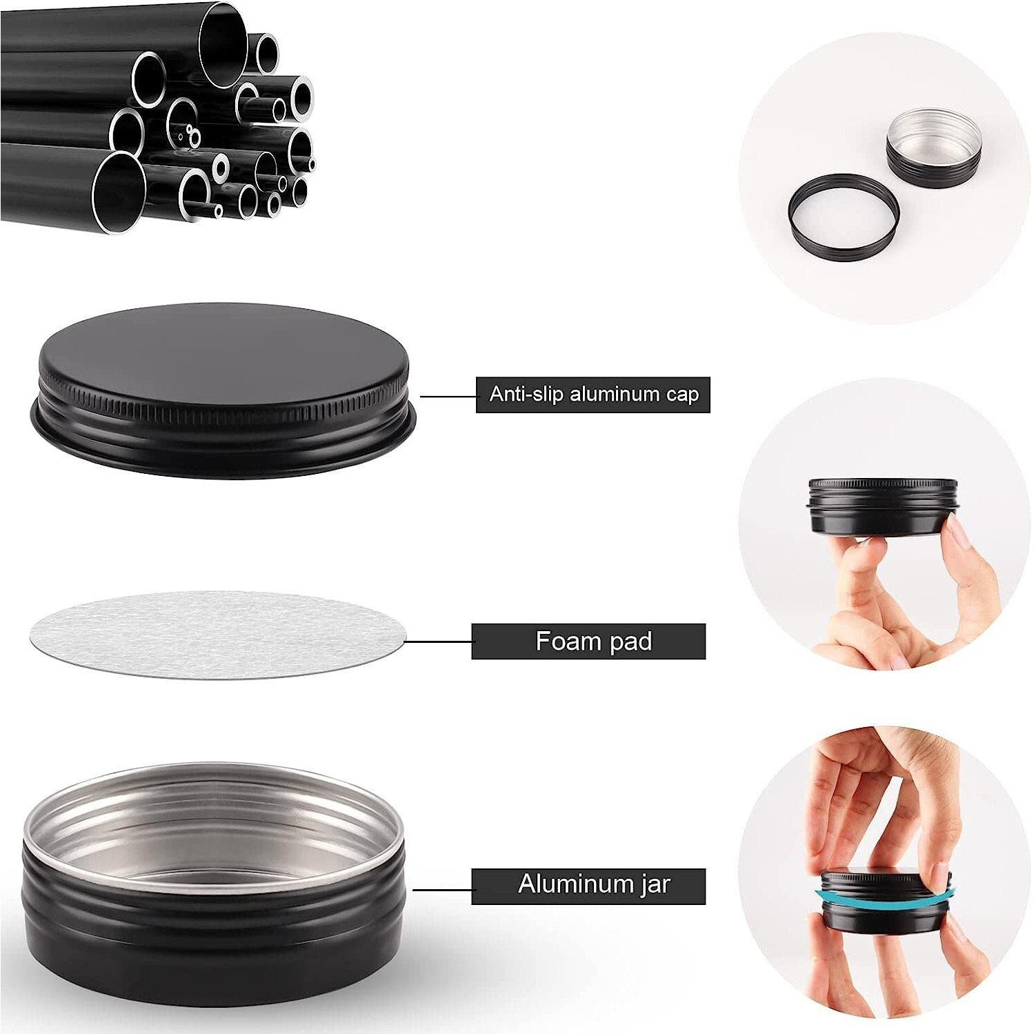 Obkjj 96 Pack Round Cans With Screw Lid 2 Oz Aluminum Metal Tins Diy Food Candle Containers For Lotion Bars, Balms, Salve, Spices, Beard Balm, Crafts With 4 Markers 3 Sheets Label Stickers (Black)