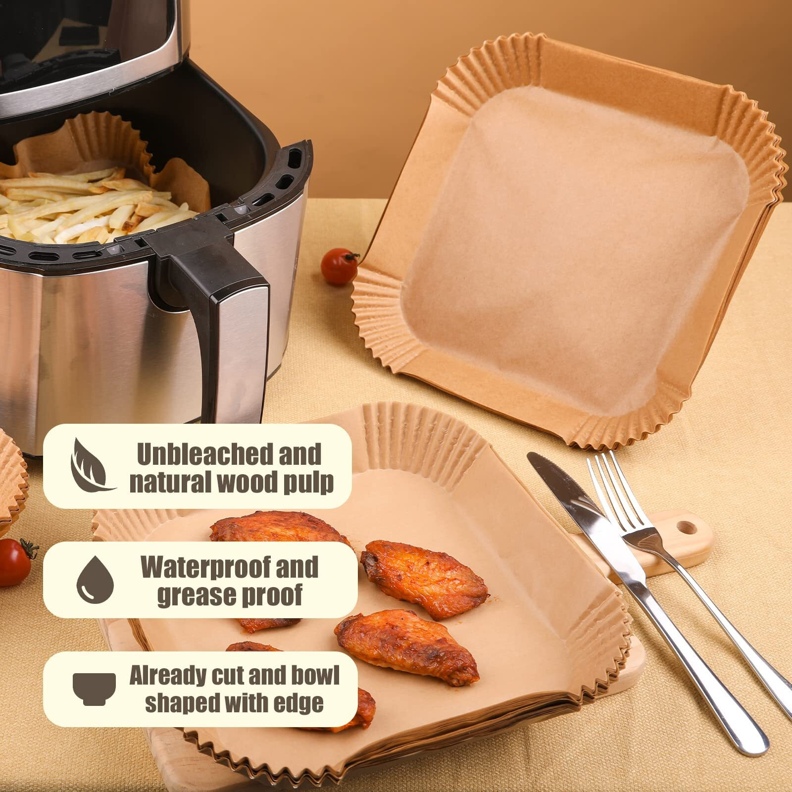 Golden Associate Disposable Paper Liner Square 250 Pcs For 5 To 8 Qt Air Fryer Baskets, Non-Stick Oil-Proof Parchment Liner Cooking Paper