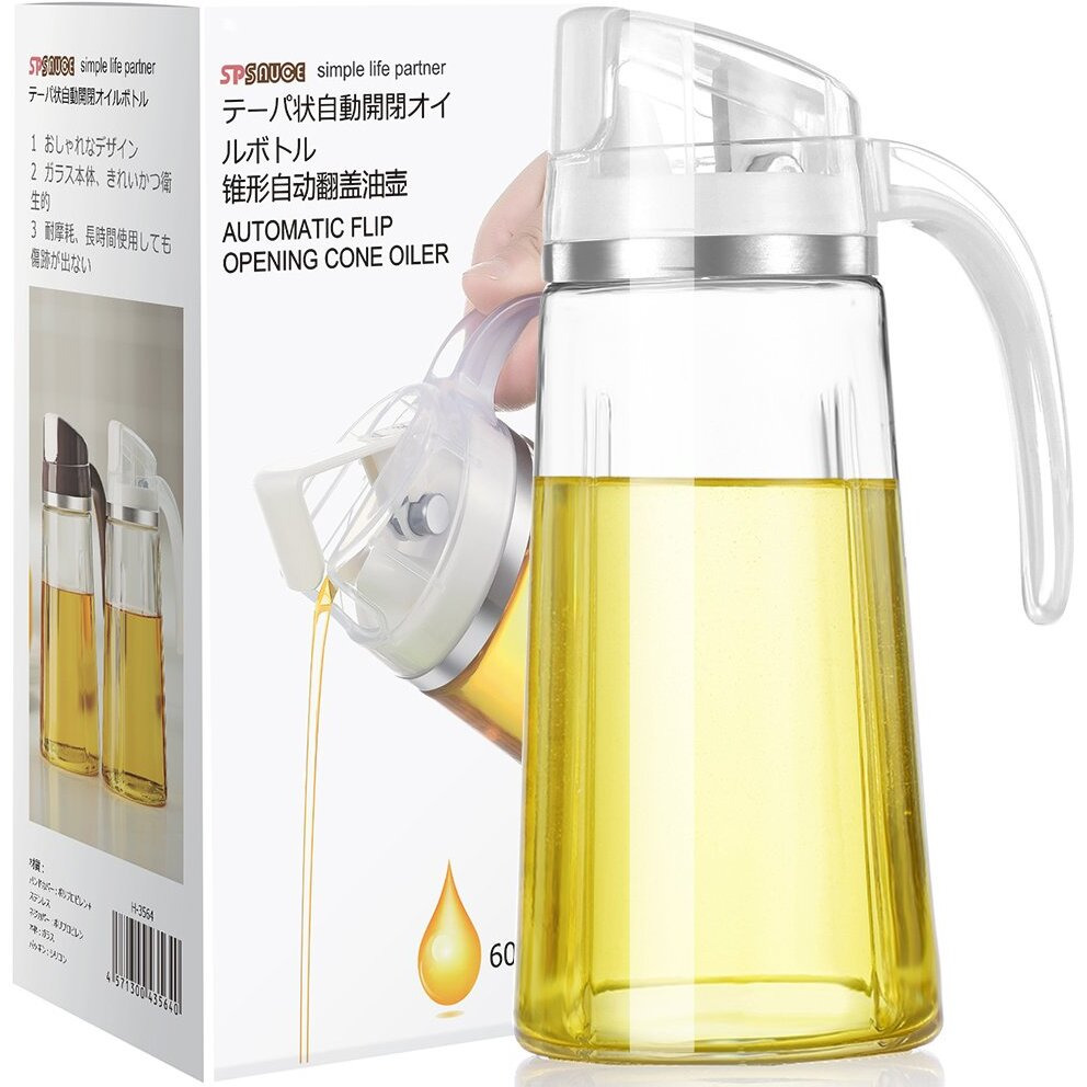 Marbrasse Oil Dispenser For Kitchen,20 Oz /600Ml Leakproof Glass Oil Bottle With Auto Flip Cap,Olive Oil Container For Kitchen Cooking (White)
