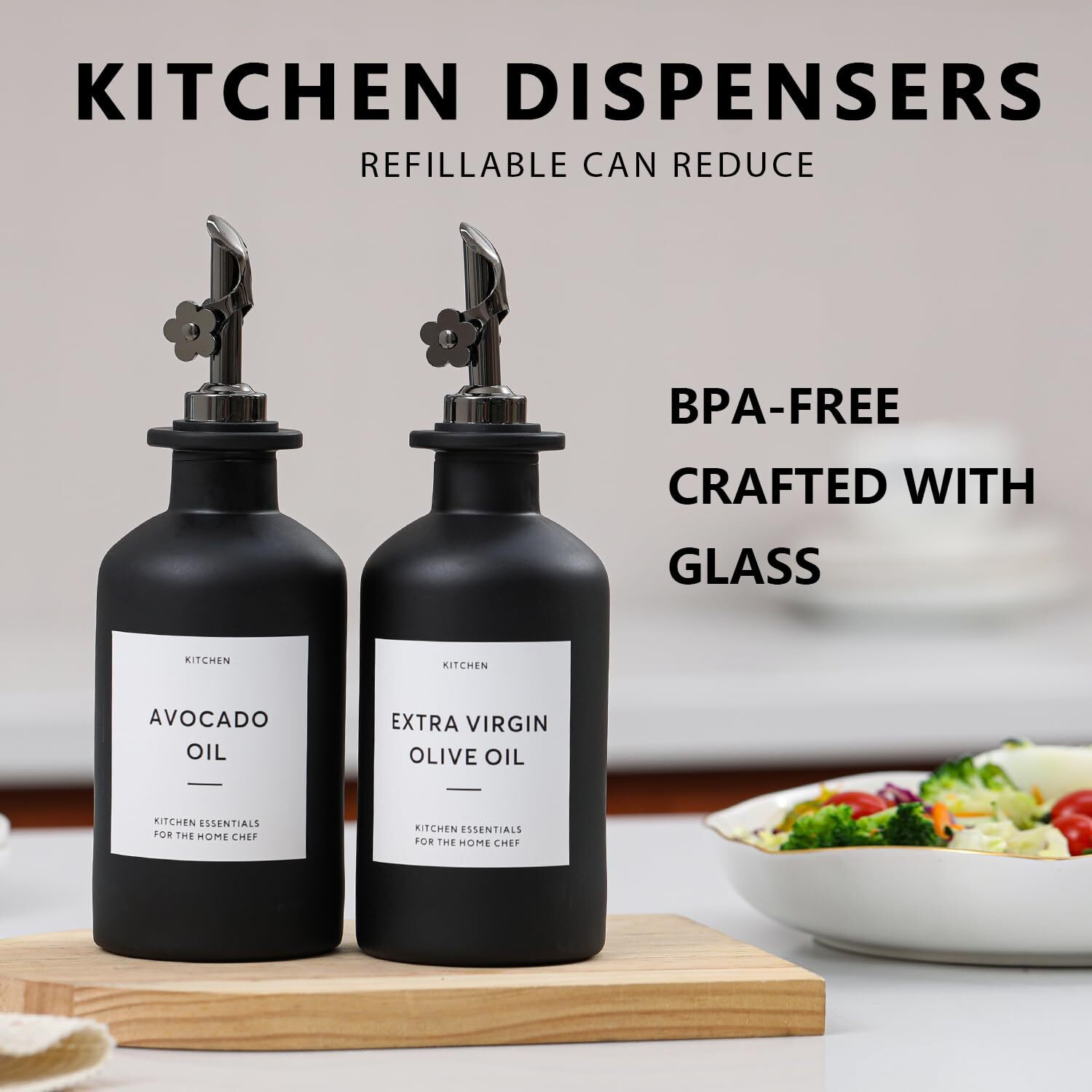Homcdaly Olive Oil Dispenser For Kitchen, 11.8Oz Glass Kitchen Dispenser Bottle, Black Oil&Vinegar Cruet Set, Leakproof Olive Oil Bottles | Set Of 2 (11.8Oz - Black)