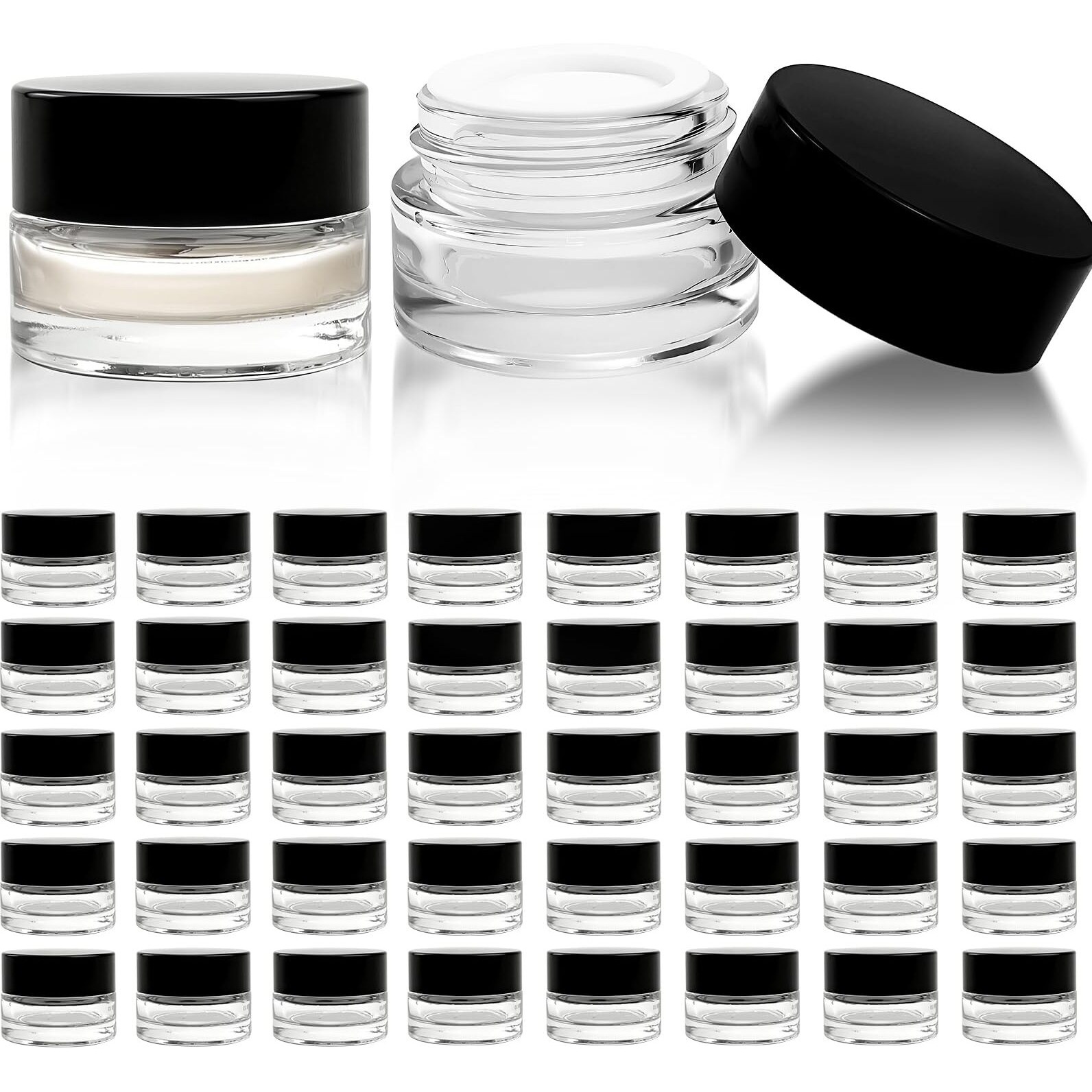 Seuqhck 90 Pack 5Ml Small Clear Jars With Black Lids, Empty Glass Cosmetic Containers With Liners Round Bulk Airtight Cream Bottle For Beauty Product Samples, Travel, Storing Lotions, Essences