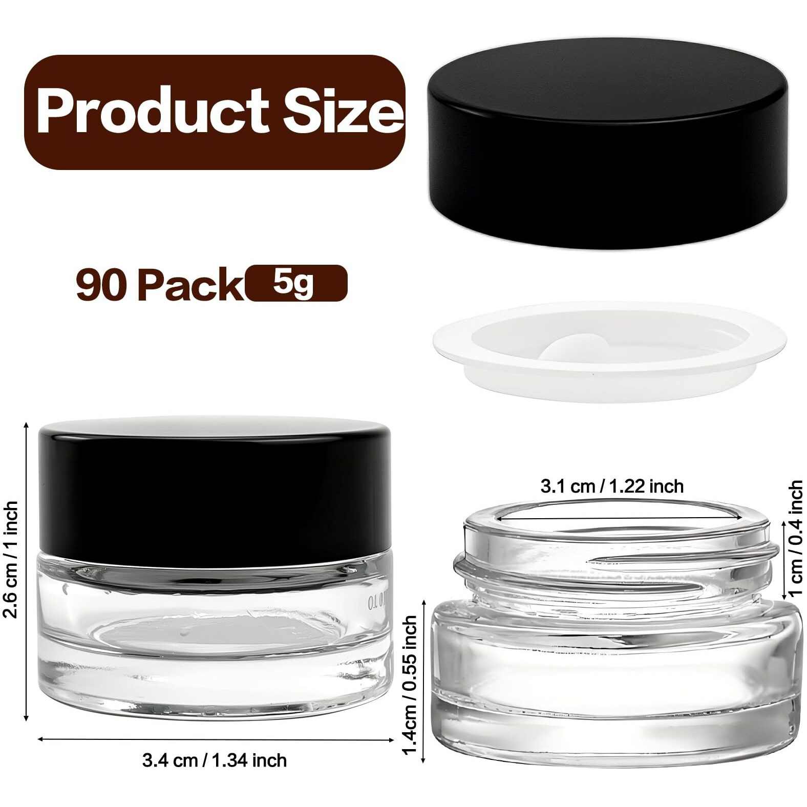 Seuqhck 90 Pack 5Ml Small Clear Jars With Black Lids, Empty Glass Cosmetic Containers With Liners Round Bulk Airtight Cream Bottle For Beauty Product Samples, Travel, Storing Lotions, Essences