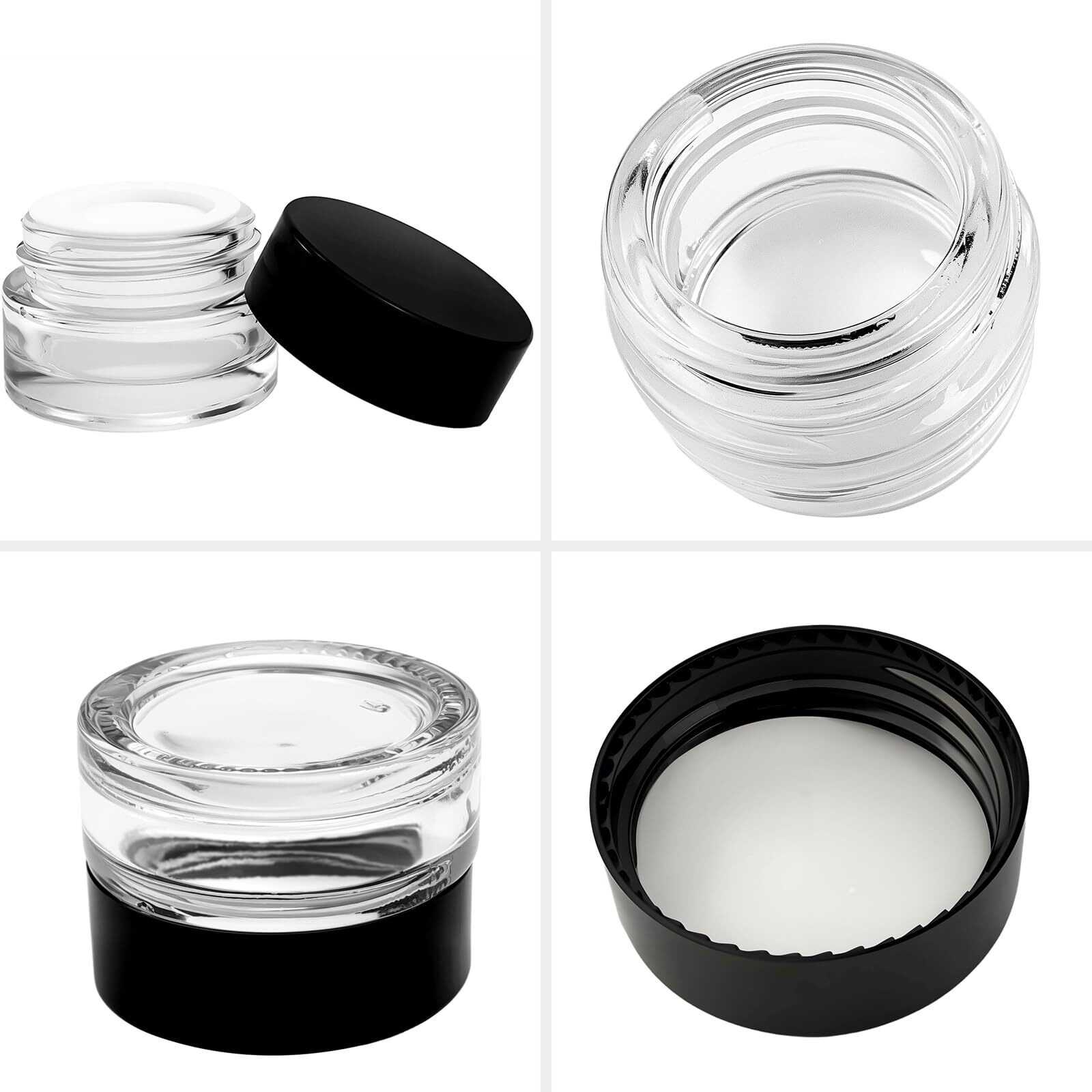 Seuqhck 90 Pack 5Ml Small Clear Jars With Black Lids, Empty Glass Cosmetic Containers With Liners Round Bulk Airtight Cream Bottle For Beauty Product Samples, Travel, Storing Lotions, Essences