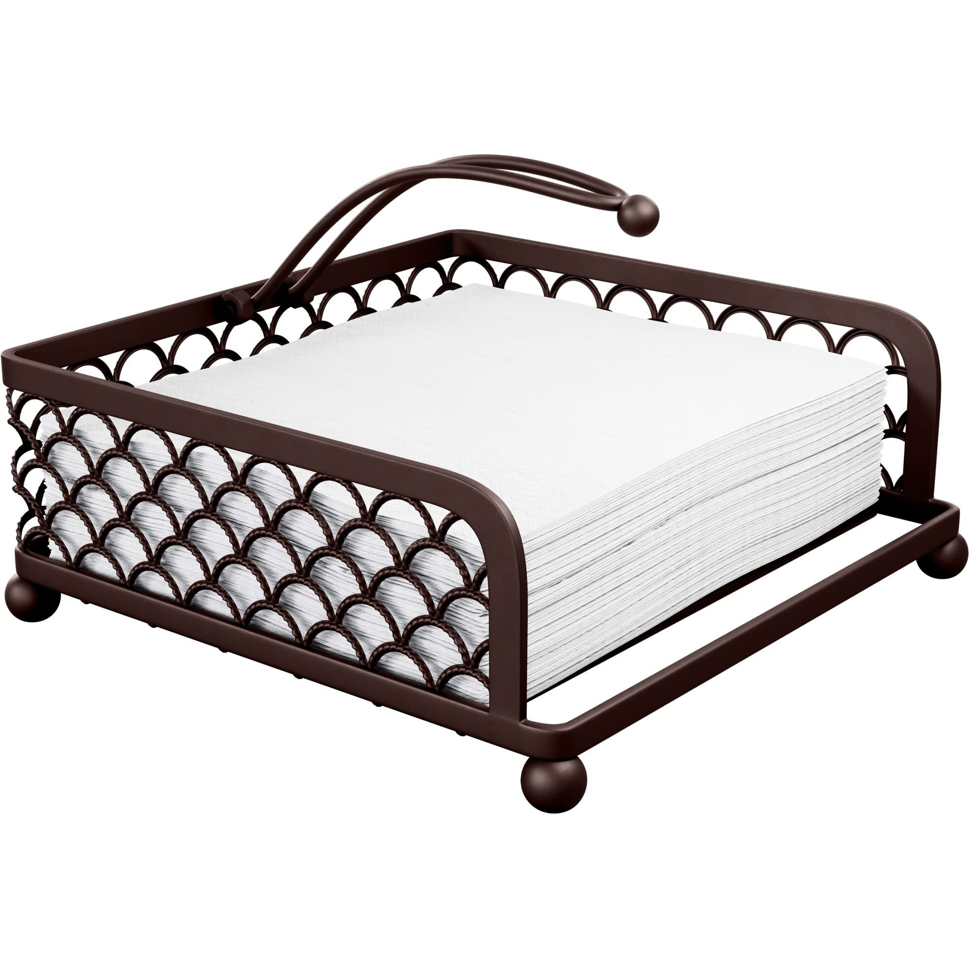 Elegant Flat Paper Napkin Holder With Dispenser Arm - Oil Rubbed Bronze Napkin Holders For Table, Kitchen, Countertops & Outdoor Tables - Square Metal Lattice Basket Dinner Napkin Holder - (Orb)