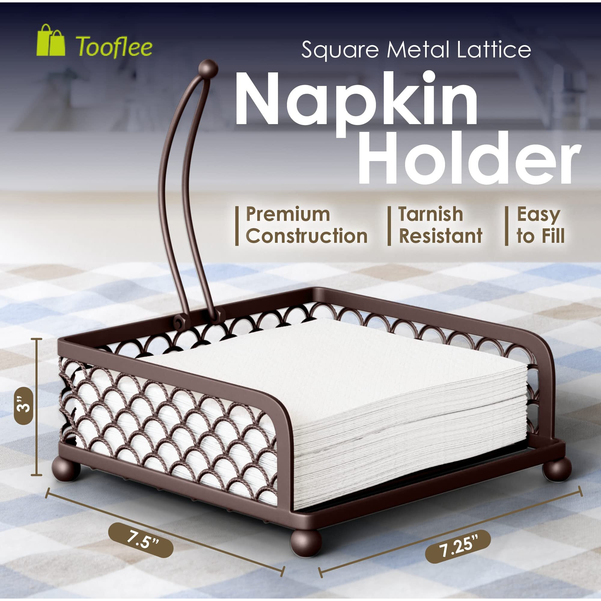 Elegant Flat Paper Napkin Holder With Dispenser Arm - Oil Rubbed Bronze Napkin Holders For Table, Kitchen, Countertops & Outdoor Tables - Square Metal Lattice Basket Dinner Napkin Holder - (Orb)
