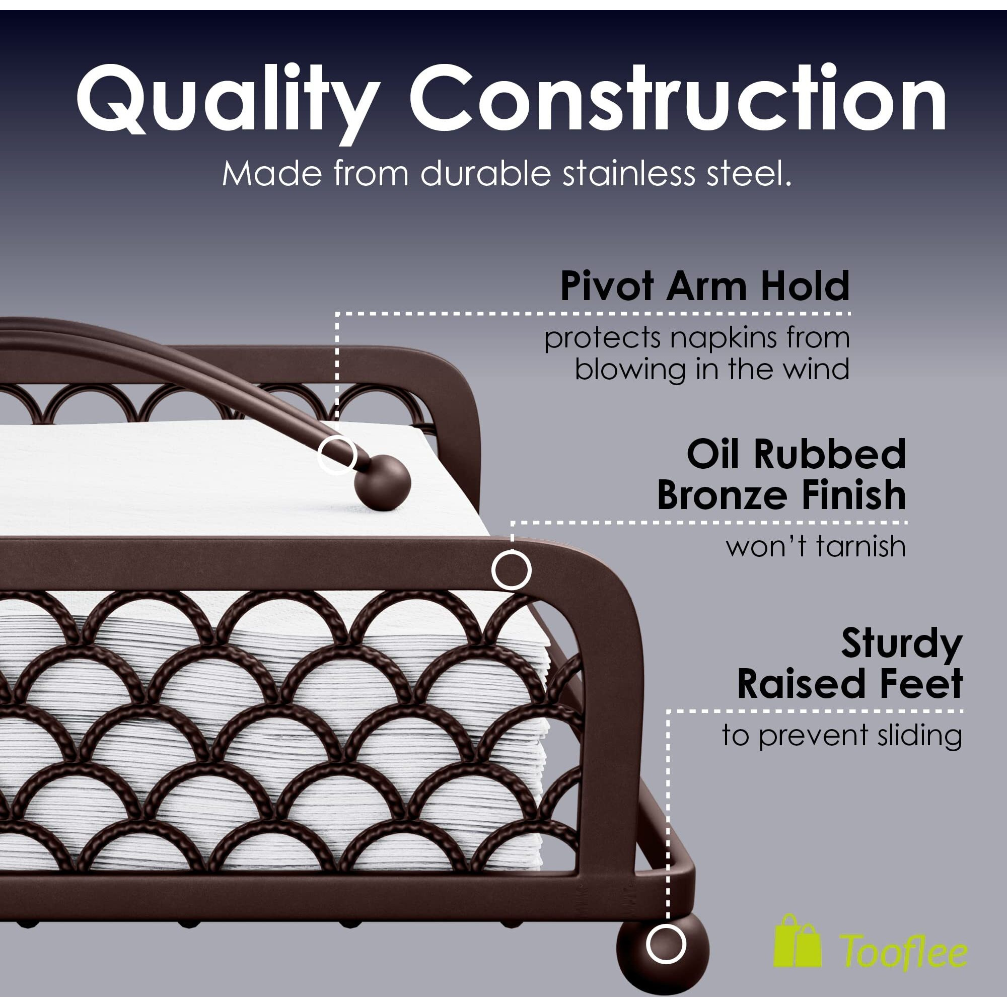 Elegant Flat Paper Napkin Holder With Dispenser Arm - Oil Rubbed Bronze Napkin Holders For Table, Kitchen, Countertops & Outdoor Tables - Square Metal Lattice Basket Dinner Napkin Holder - (Orb)