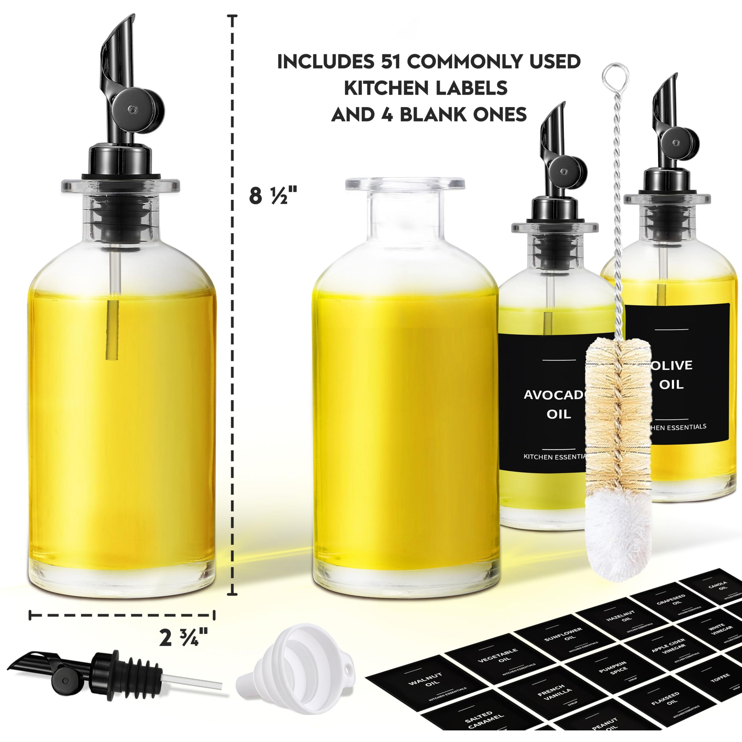 Spaceneat Olive Oil Dispenser Bottle - Includes 55 Kitchen Essential Labels - Cooking Oil Bottles For Kitchen, Coffee Syrup Dispenser - Pourer Spout With 11.8 Fl Oz Glass Container Cruet - 4Pcs, Black