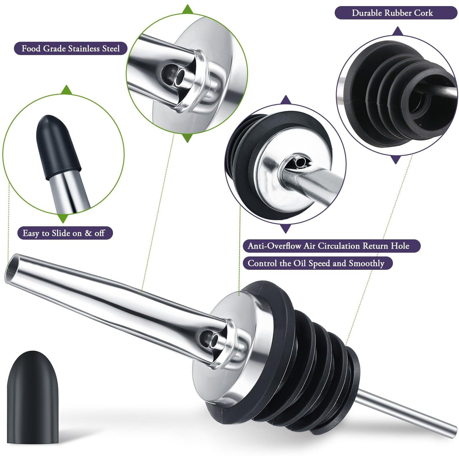 48 Pcs Stainless Steel Bottle Pourers Tapered Liquor Pourers With Rubber Dust Caps Tapered Spouts Set Bar Supplies Vinegar Bottle Dispenser Wine Liquor Spout For Oil Beer Drink Water