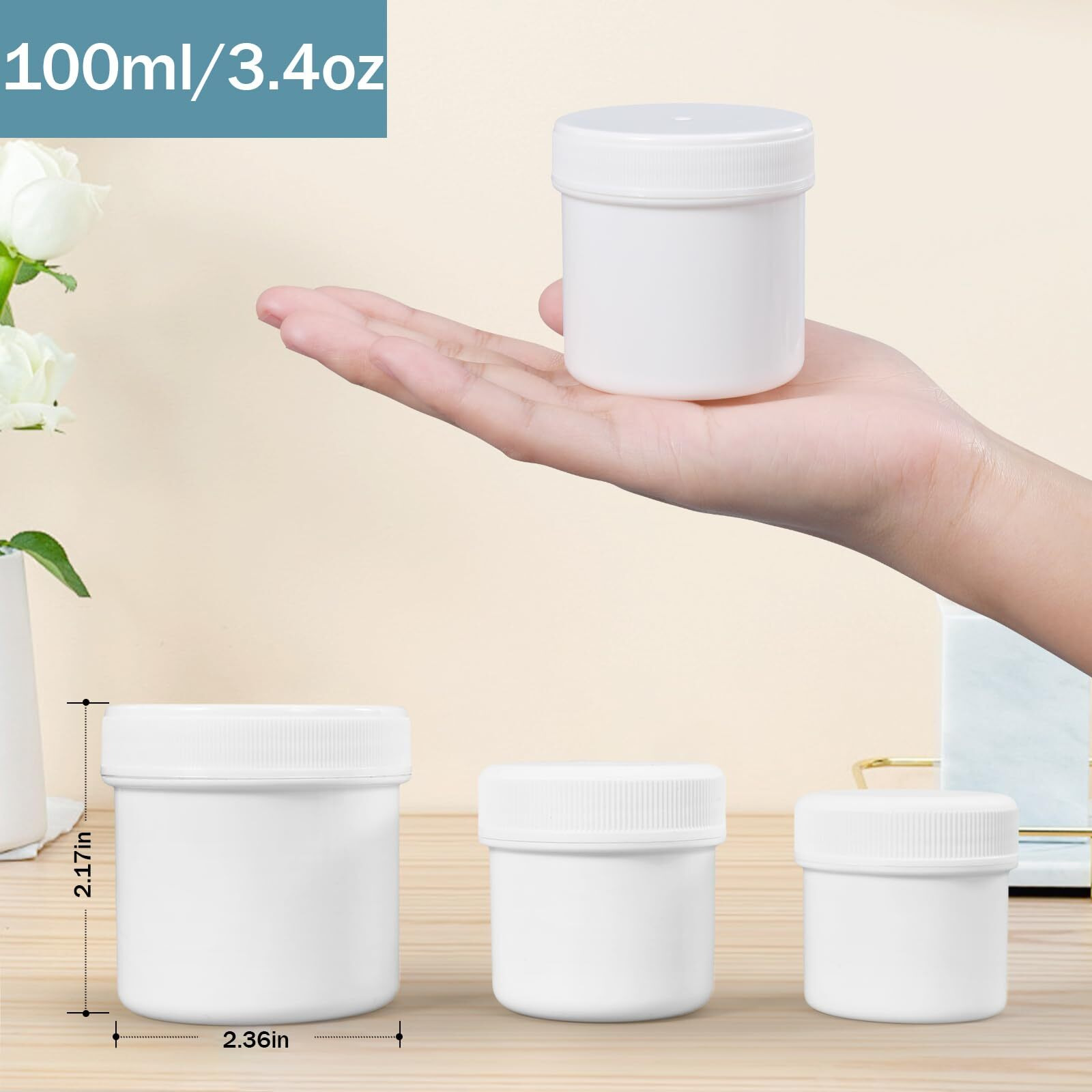 Asevat 3.4 Oz Leak Proof Travel Jars For Creams, Refillable Plastic Csmetic Jars, Travel Containers For Creams, Lotion Containers With Lids, Travel Cream Container For Face Creams (White)