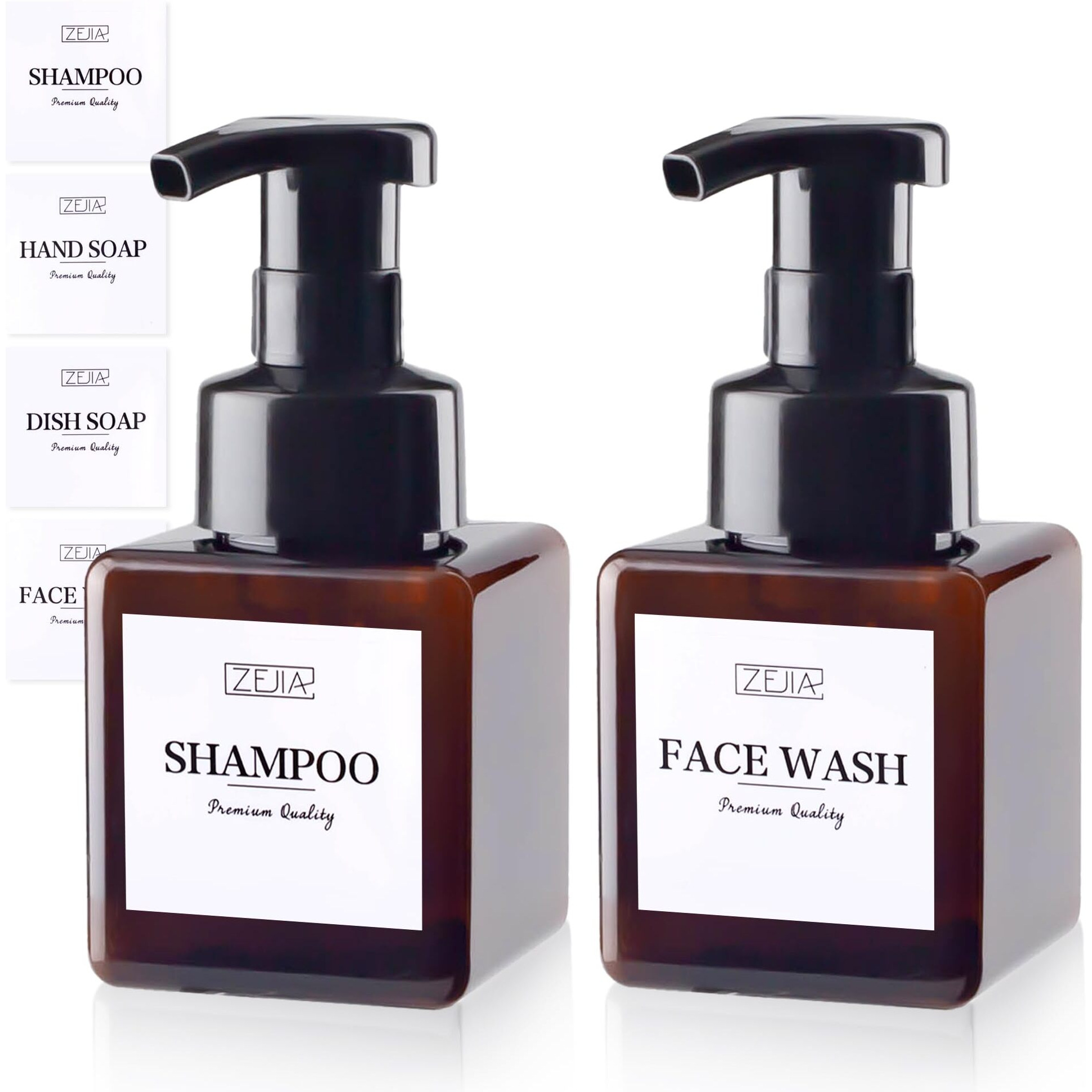 Zejia 250Ml Foaming Soap Dispenser, 2-Pack Plastic Hand Soap Dispenser, Refillable Leakproof Foam Pump Bottle With Waterproof Labels, For Shampoo, Body Wash