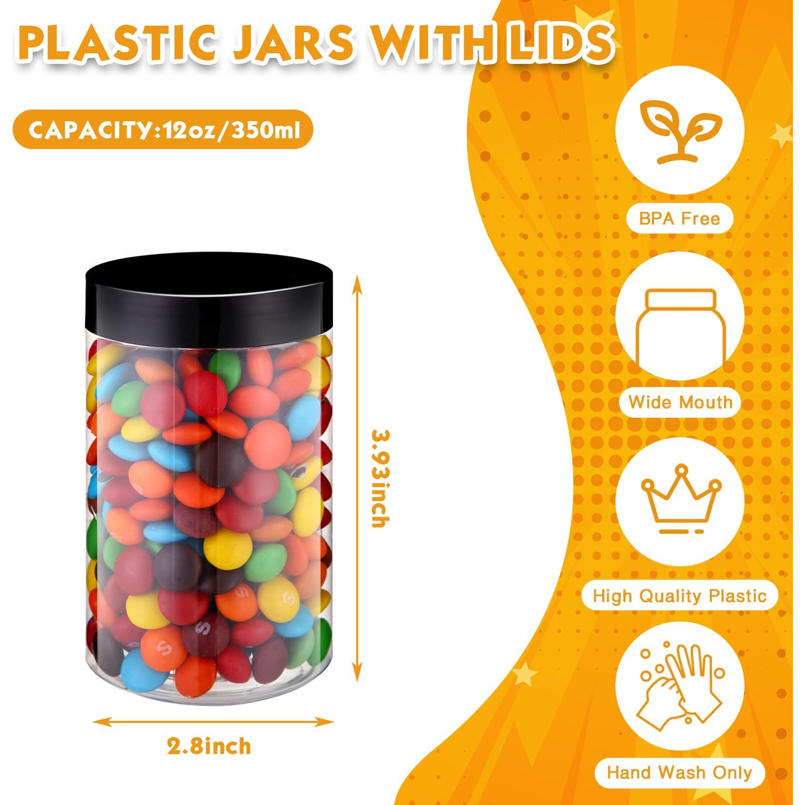 Satinior 12 Pack 12 Oz Plastic Container Jars With Lids Round Clear Travel Cosmetic Container Slime Jars For Toiletries, Lotion, Cream, Ointments, Makeup, Rhinestone, Samples, Kitchen Storage(Black)