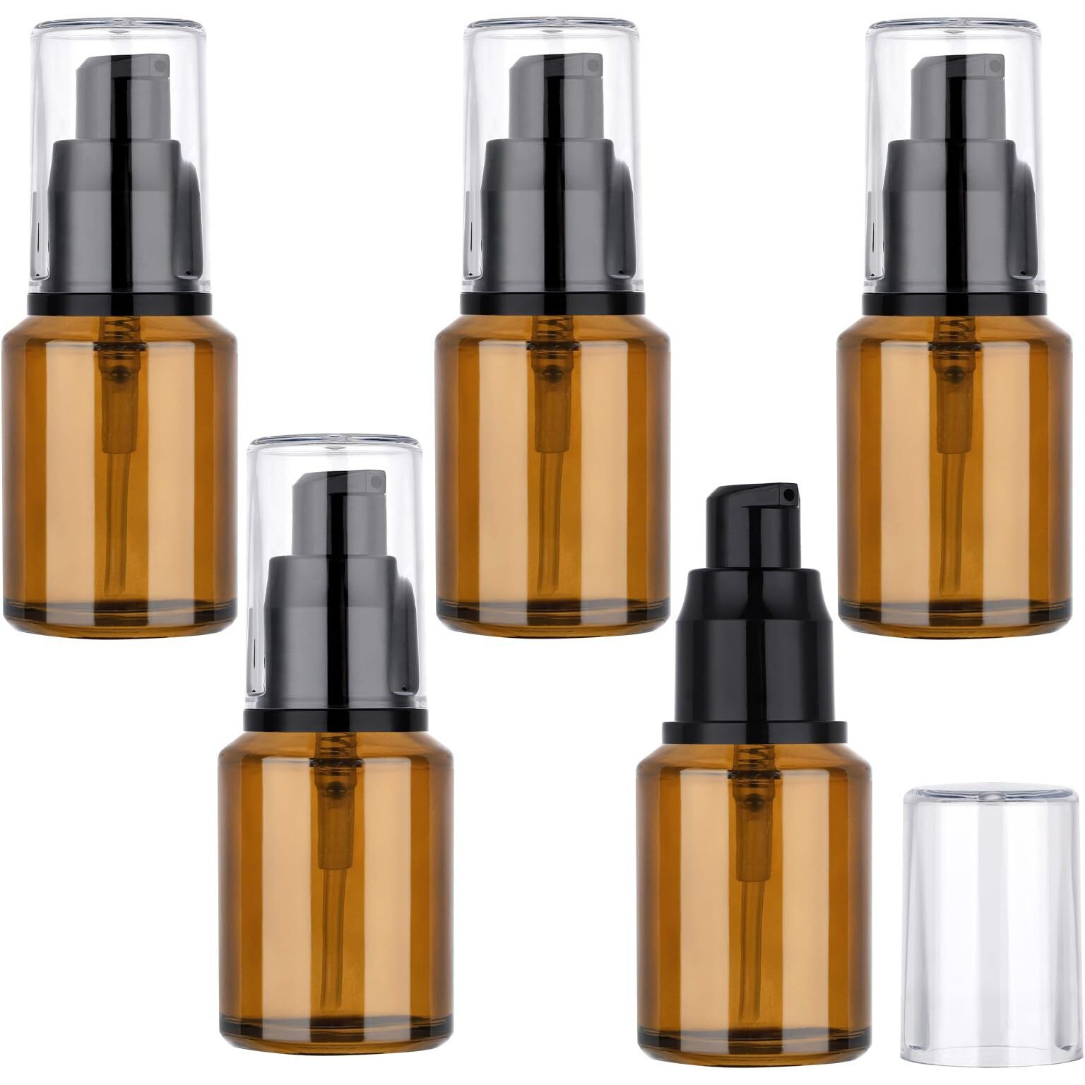 Segbeauty 1Oz Refillable Lotion Bottle With Pump, Pack Of 5 Frosted Travel Glass Bottles Creams Lotion Containers Foundation Bottle For Travel Size, 30Ml Makeup Pump Dispenser For Toiletries Amber