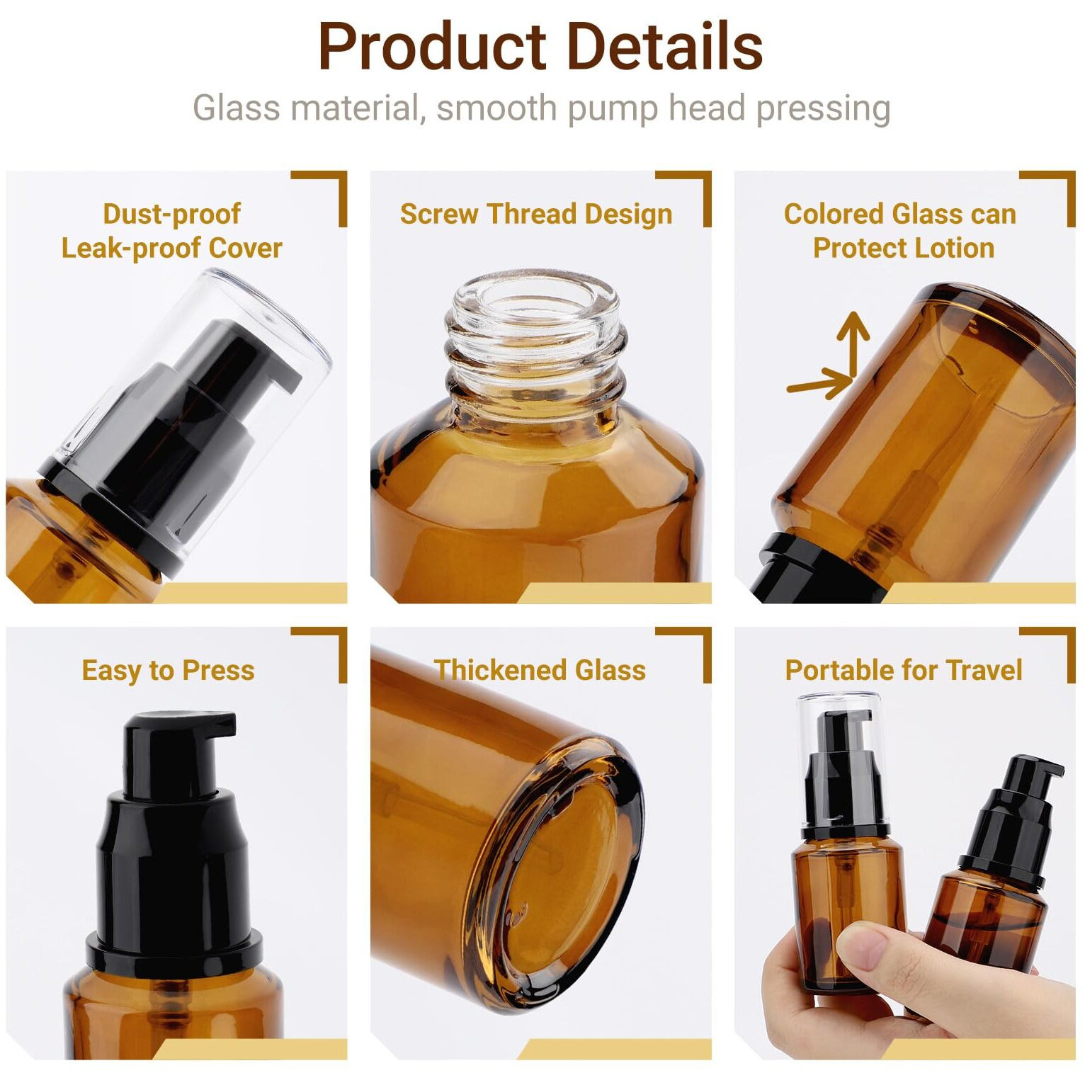 Segbeauty 1Oz Refillable Lotion Bottle With Pump, Pack Of 5 Frosted Travel Glass Bottles Creams Lotion Containers Foundation Bottle For Travel Size, 30Ml Makeup Pump Dispenser For Toiletries Amber