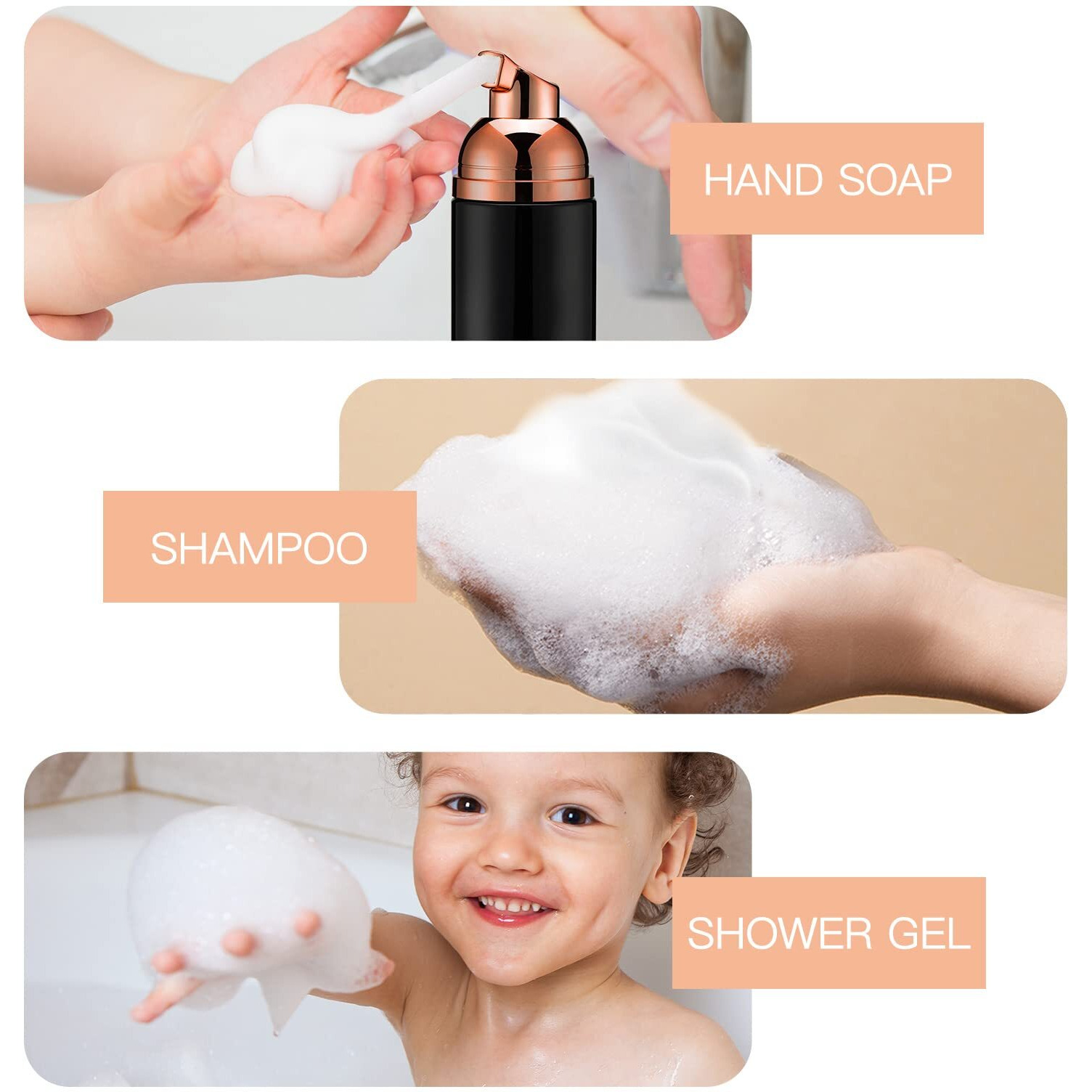 2Oz Foam Pump Bottle (3Pcs) Empty Travel Foaming Dispenser For Hand Soap, Lash Cleanser, Shampoo (60Ml, Rose Gold &Black,White,Pink