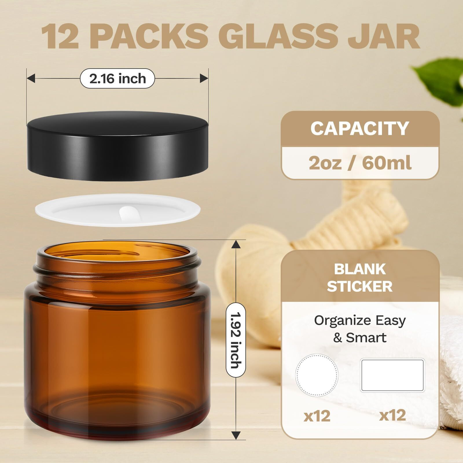 2 Oz Small Glass Jars With Lids, Bumobum 12 Pack Amber Glass Cosmetic Jars With Inner Liners, 60Ml Round Empty Sample Containers With Blank Labels For Cream, Salve, Lotion