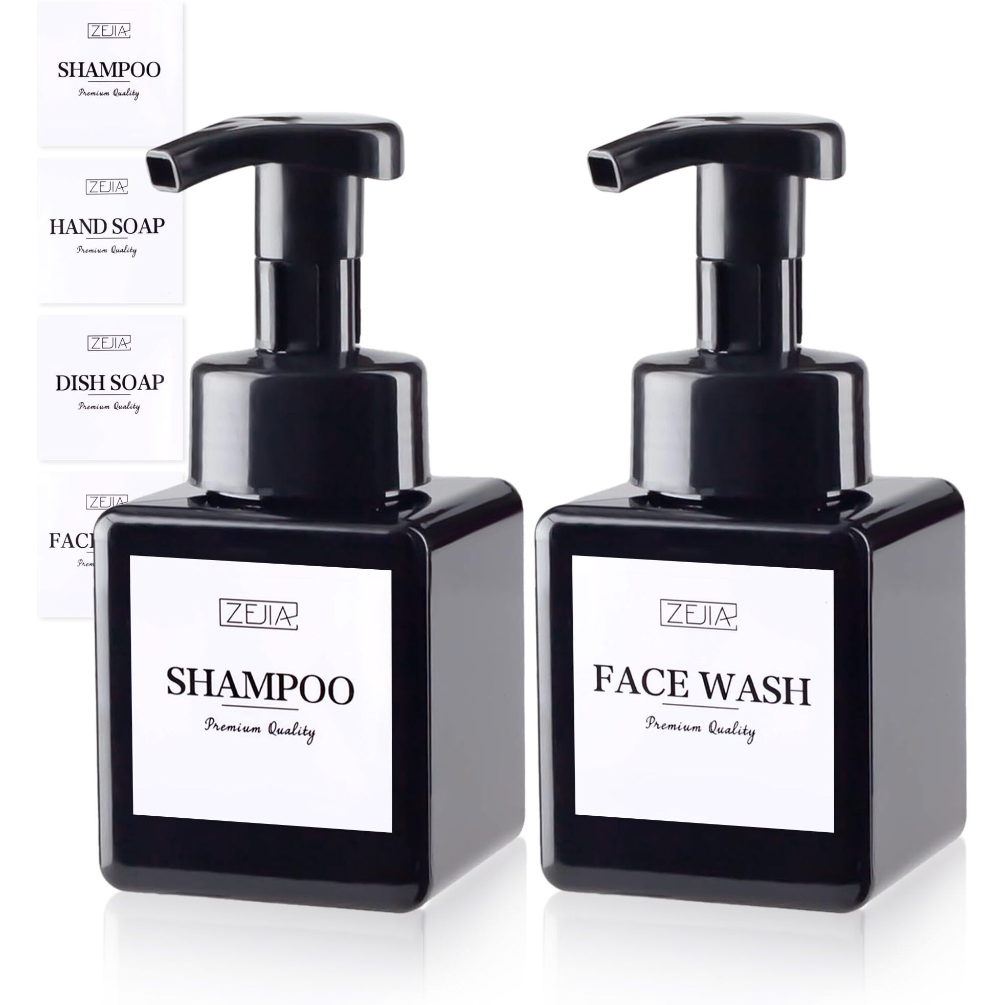 Zejia 250Ml Foaming Soap Dispenser, 2-Pack Plastic Hand Soap Dispenser, Refillable Leakproof Foam Pump Bottle With Waterproof Labels, For Shampoo, Body Wash