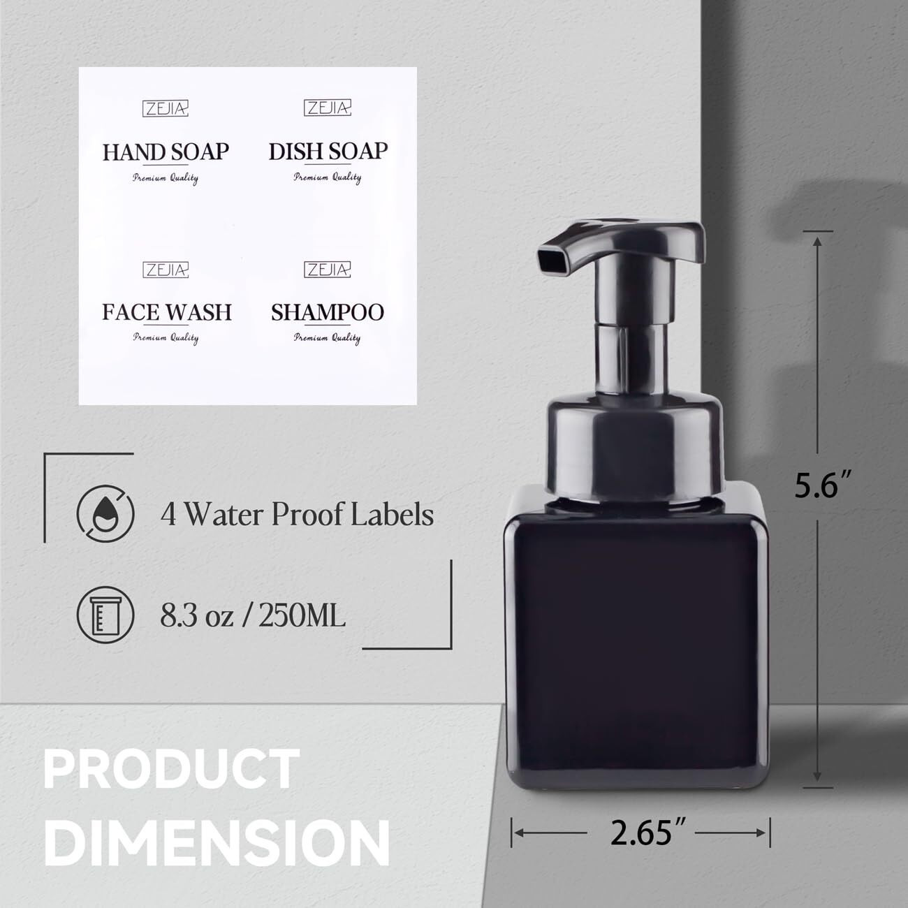 Zejia 250Ml Foaming Soap Dispenser, 2-Pack Plastic Hand Soap Dispenser, Refillable Leakproof Foam Pump Bottle With Waterproof Labels, For Shampoo, Body Wash