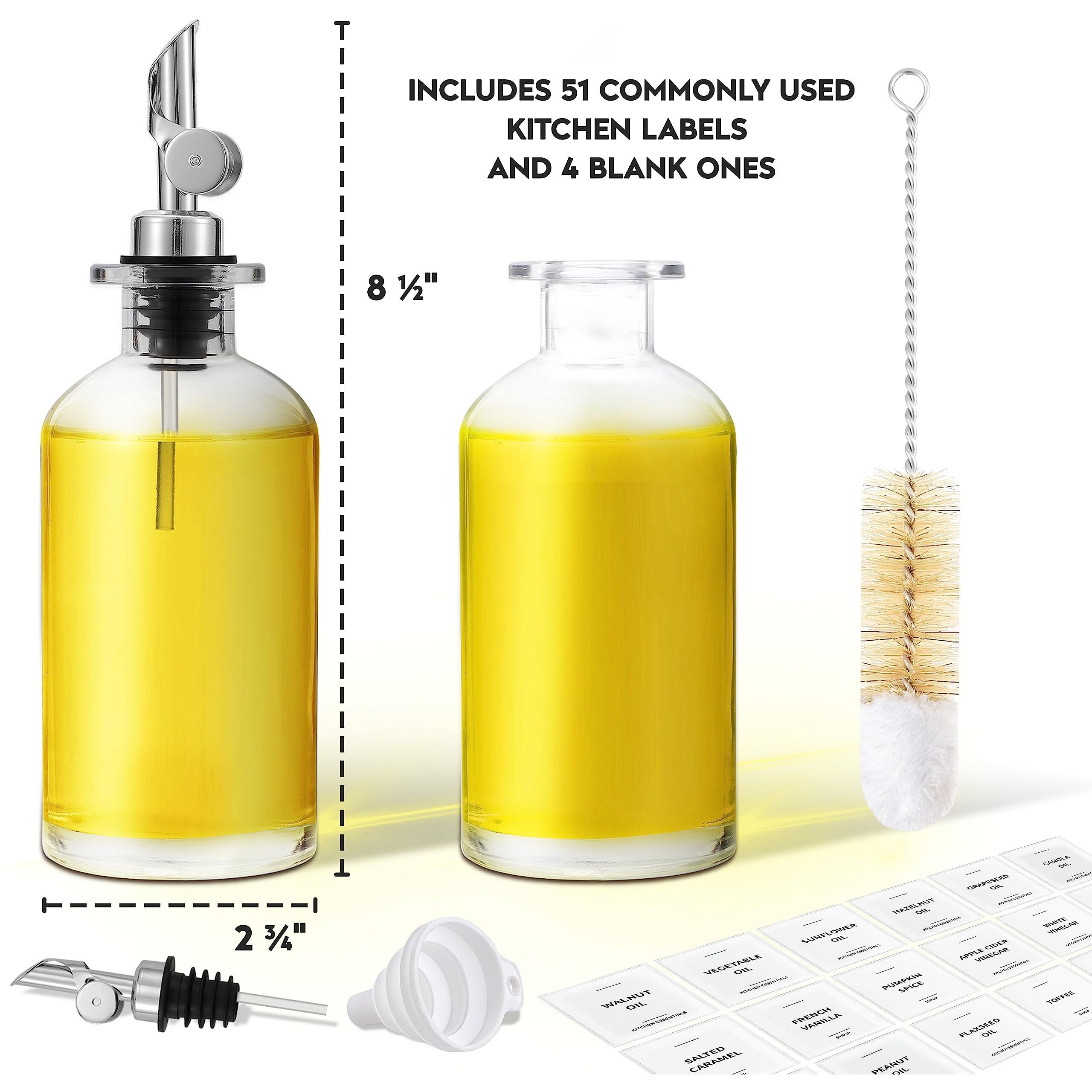 Spaceneat Olive Oil Dispenser Bottle - Includes 55 Kitchen Essential Labels - Cooking Oil Bottles For Kitchen, Coffee Syrup Dispenser - Pourer Spout With 11.8 Fl Oz Glass Container Cruet - 2Pcs Silver