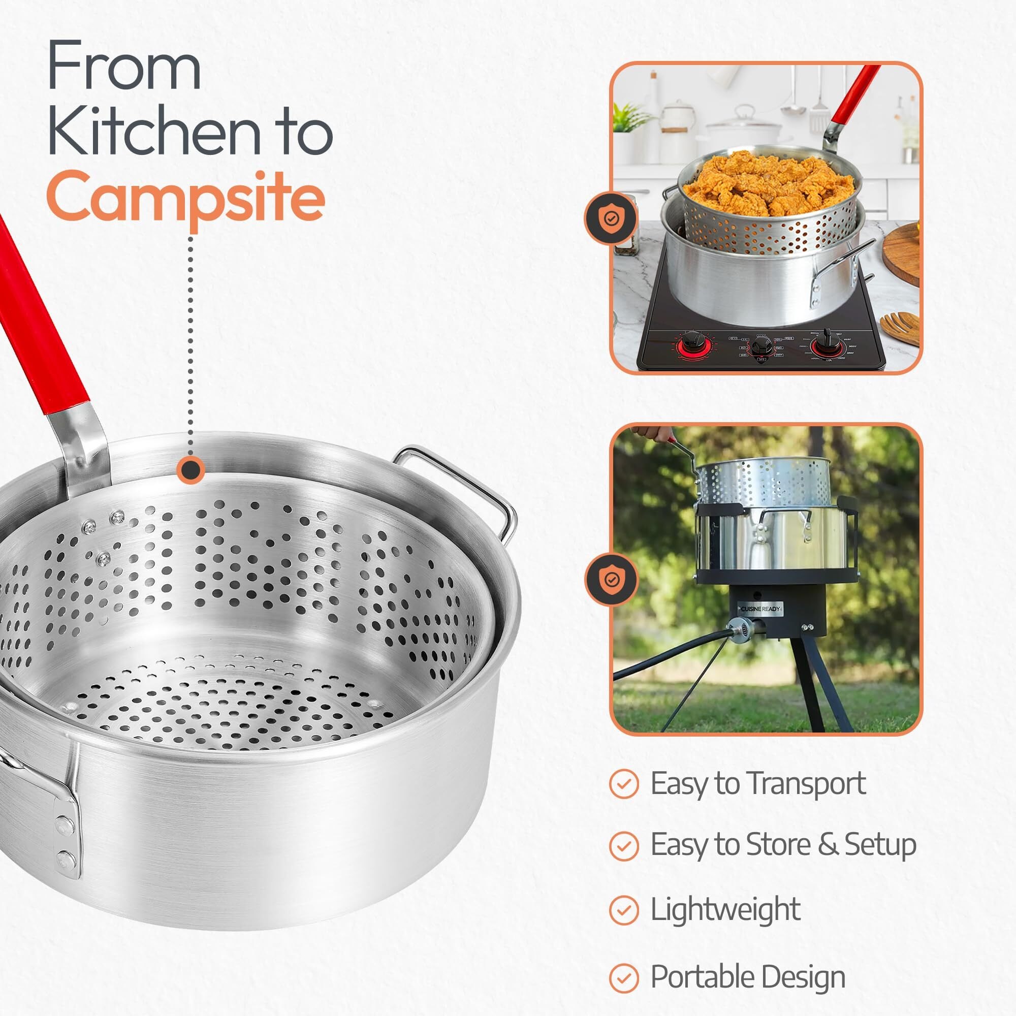 Cuisine Ready Aluminum Fish Fryer Pot With Basket | 10Qt Deep Frying Pot With Handle | Outdoor Oil Fryer Pan With Fry Basket | Cooking Pot | Fried Chicken, Fish, Seafood, Turkey Legs, French Fries