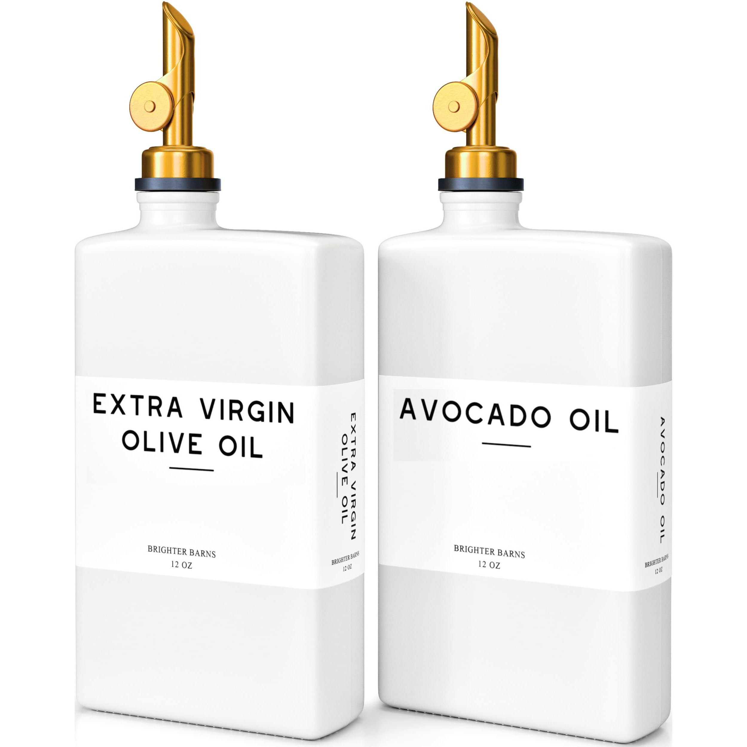 White Glass Olive Oil Dispenser Bottle For Kitchen By Brighter Barns - Avocado Oil Dispenser Set, Vanilla Syrup Bottle - Modern Decor, Gold Kitchen Accessories For Home, Airbnb, Cafe (White, Set Of 2)