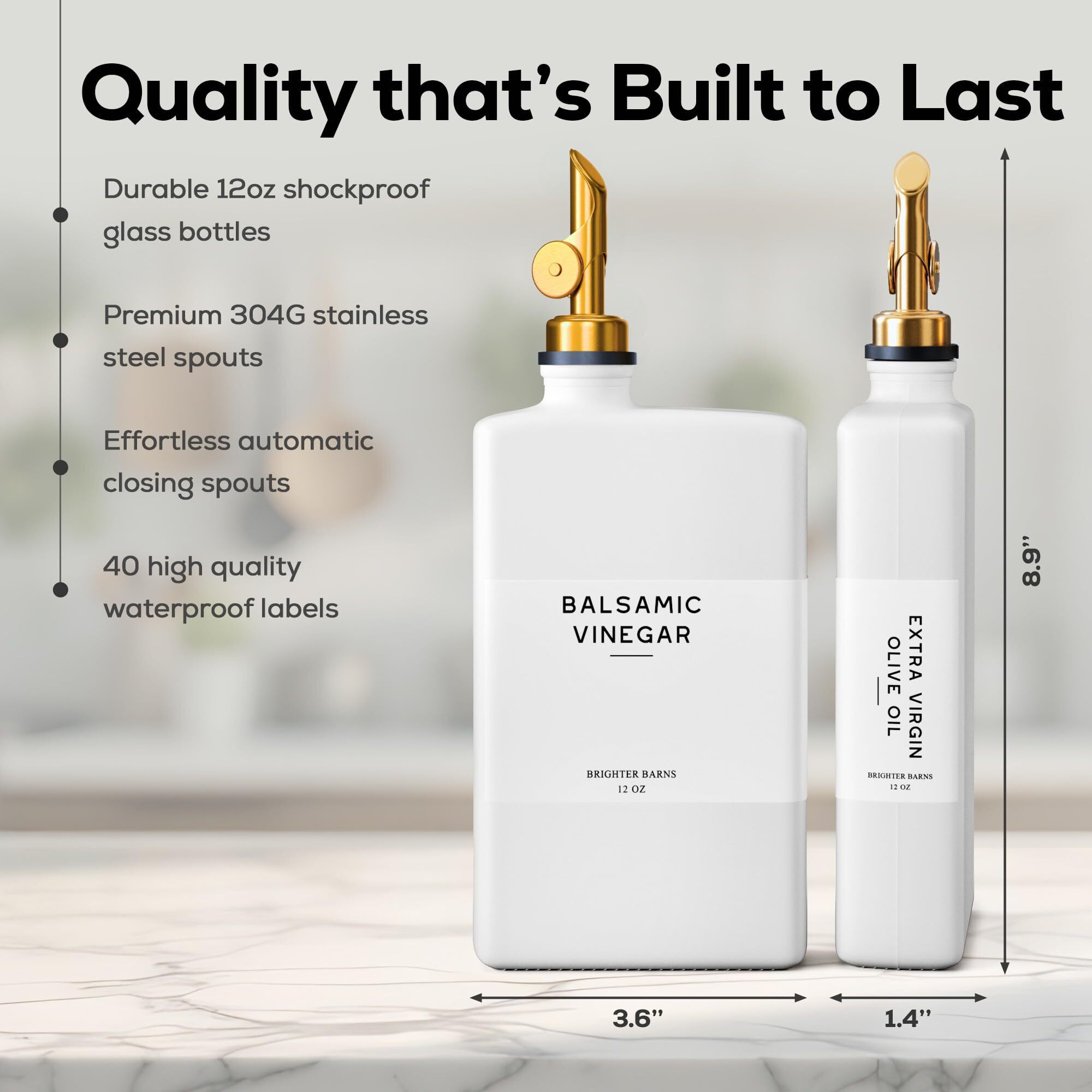 White Glass Olive Oil Dispenser Bottle For Kitchen By Brighter Barns - Avocado Oil Dispenser Set, Vanilla Syrup Bottle - Modern Decor, Gold Kitchen Accessories For Home, Airbnb, Cafe (White, Set Of 2)