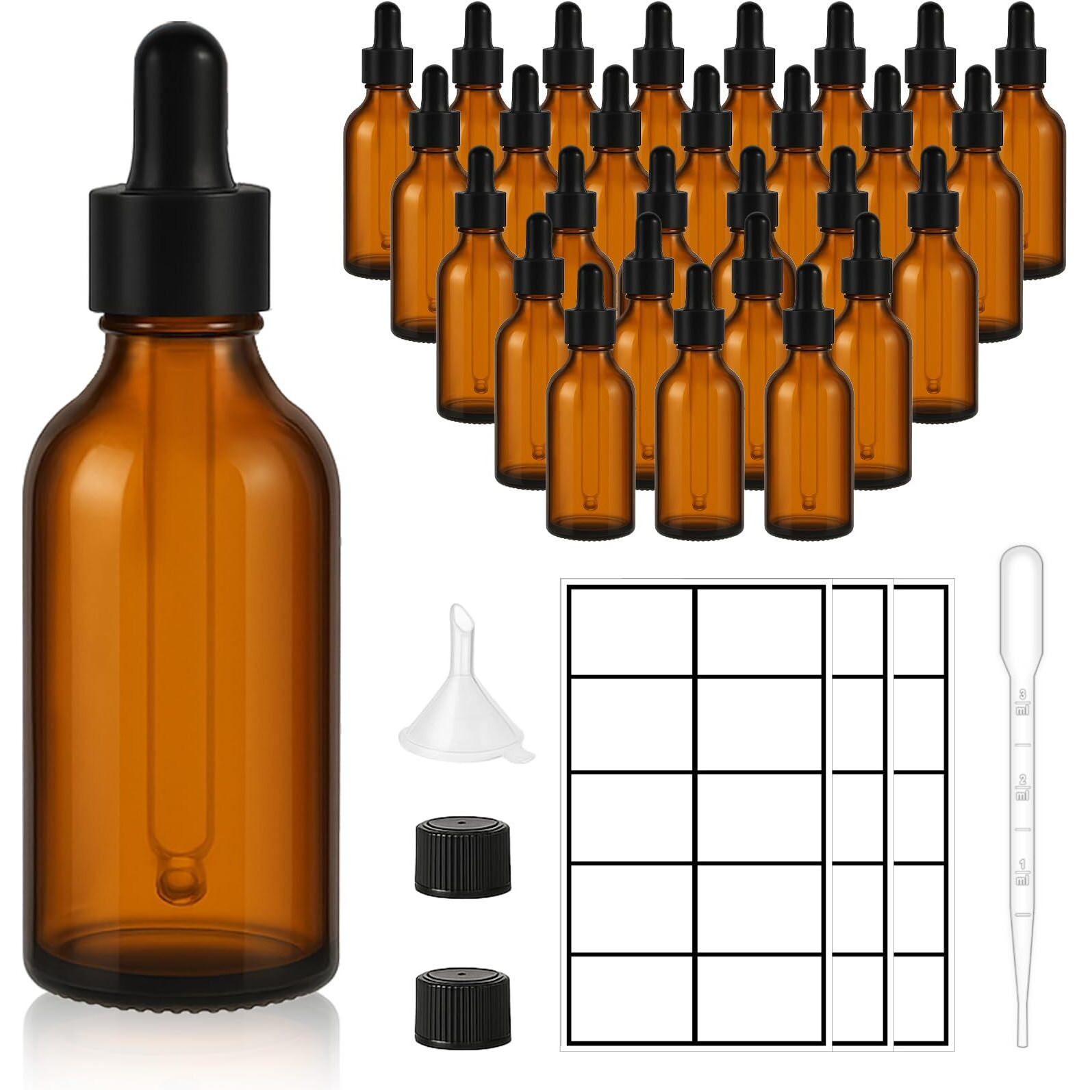 Upbud 28 Pack 2Oz Amber Glass Dropper Bottles Leakproof With Funnels, Eye Droppers, Extra Caps, Labels - Refillable Uv Resistant 60Ml Empty Bottles For Tinctures, Essential Oils, Beard, Hair Oil