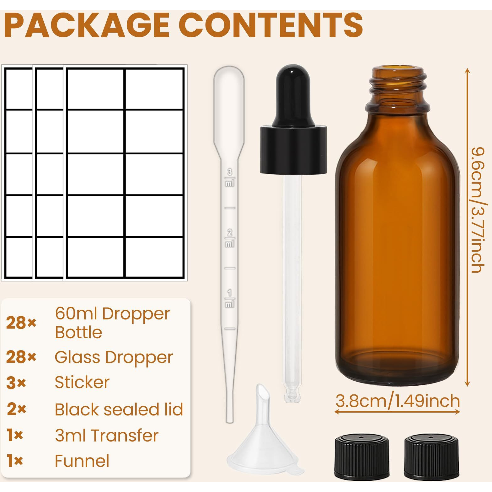 Upbud 28 Pack 2Oz Amber Glass Dropper Bottles Leakproof With Funnels, Eye Droppers, Extra Caps, Labels - Refillable Uv Resistant 60Ml Empty Bottles For Tinctures, Essential Oils, Beard, Hair Oil