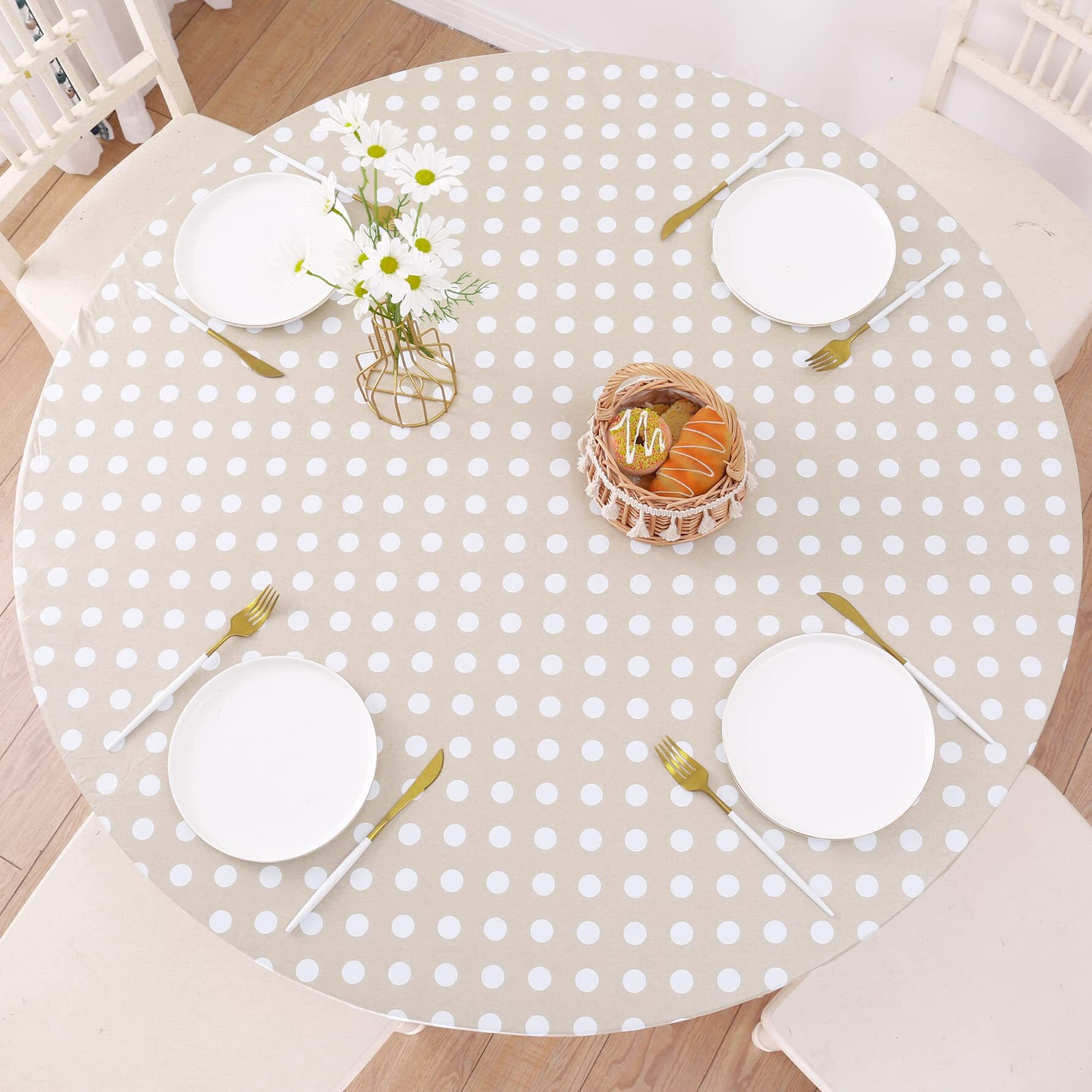 Round Vinyl Fitted Tablecloth With Flannel Backing Elastic Edge Design Table Cover Waterproof Oil-Proof Pvc Table Cloth Stain-Resistant Best For 37""-44"" Round