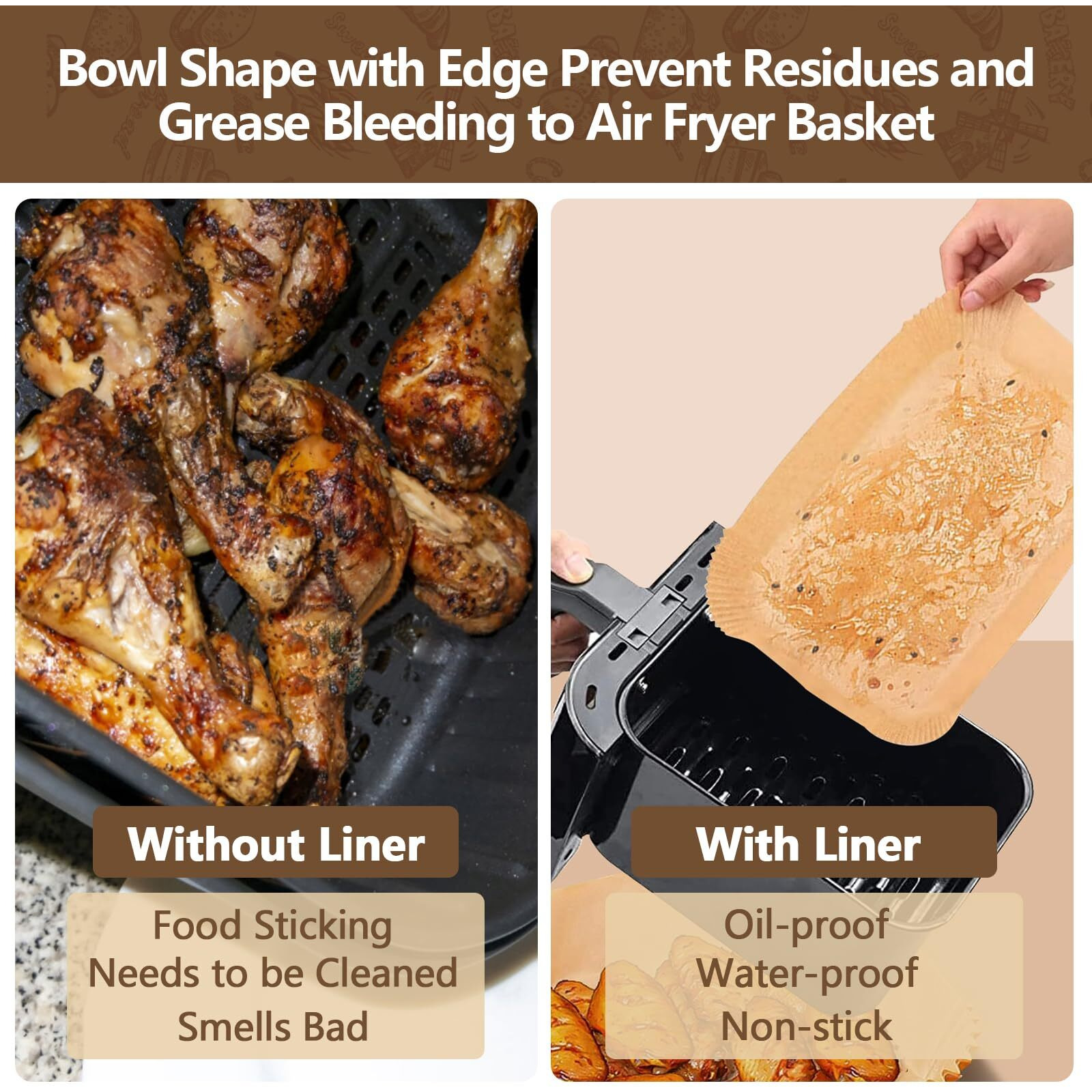 Ubeesize Air Fryer Paper Liners Disposable For Ninja, 200 Pcs Non Stick Parchment Paper For Ninja Dz201/Dz401 Dual, Oil Proof, Water Proof Food Grade Air Fryer Accessoriess(Rectangle - 8.6"&quotX5.5"")