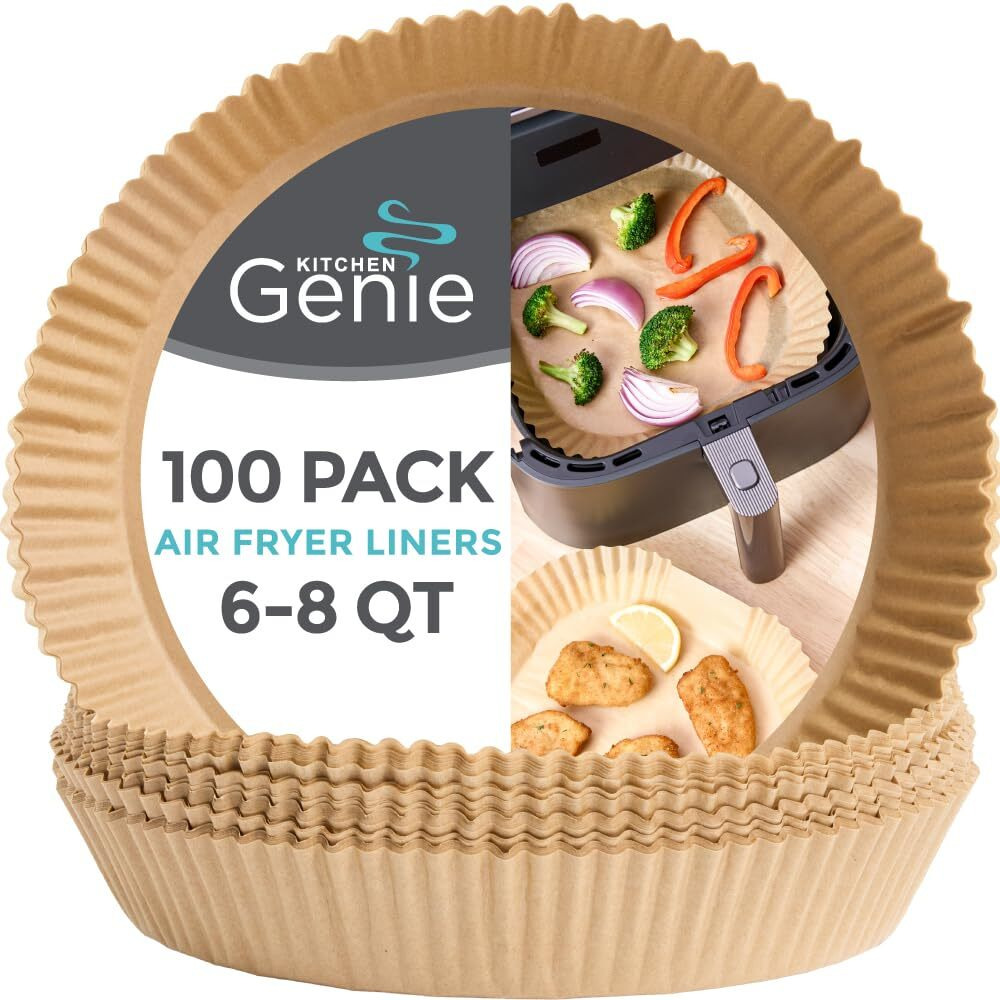 Kitchen Genie Bpa-Free Air Fryer Liners Disposable, 100 Pcs, Non-Stick Oil Proof Parchment Paper Sheets For Easy Clean Cooking, Fits 5-8 Qt Basket, Microwave, Toaster Oven, Free Of Bleach, 8 In Round