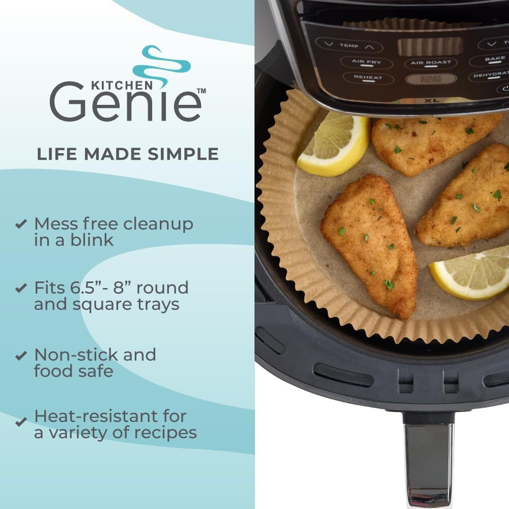 Kitchen Genie Bpa-Free Air Fryer Liners Disposable, 100 Pcs, Non-Stick Oil Proof Parchment Paper Sheets For Easy Clean Cooking, Fits 5-8 Qt Basket, Microwave, Toaster Oven, Free Of Bleach, 8 In Round