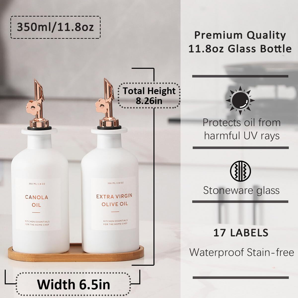 Homcdaly Olive Oil Dispenser For Kitchen, 11.8Oz Glass Kitchen Dispenser Bottle, Rose Gold Oil&Vinegar Cruet Set, Leakproof Oil Containers For Cooking, Kitchen Decor | Set Of 2 (11.8Oz - Rose Gold)