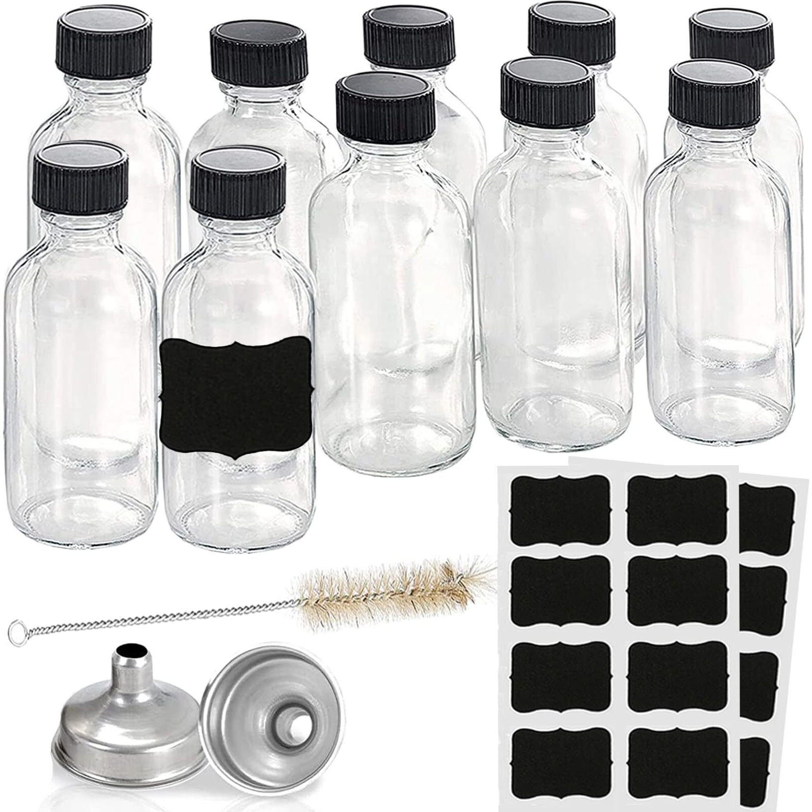 10Pack 2Oz Glass Bottles With Caps,Wellness Shot Bottles Sample Bottles For Bourbon Whiskey,Liquor,Potion,Oils,Vanilla Extract,Tincture,Hot Sauce,Syrup,Juice,With Funnels,Labels,Brush,No Leakag