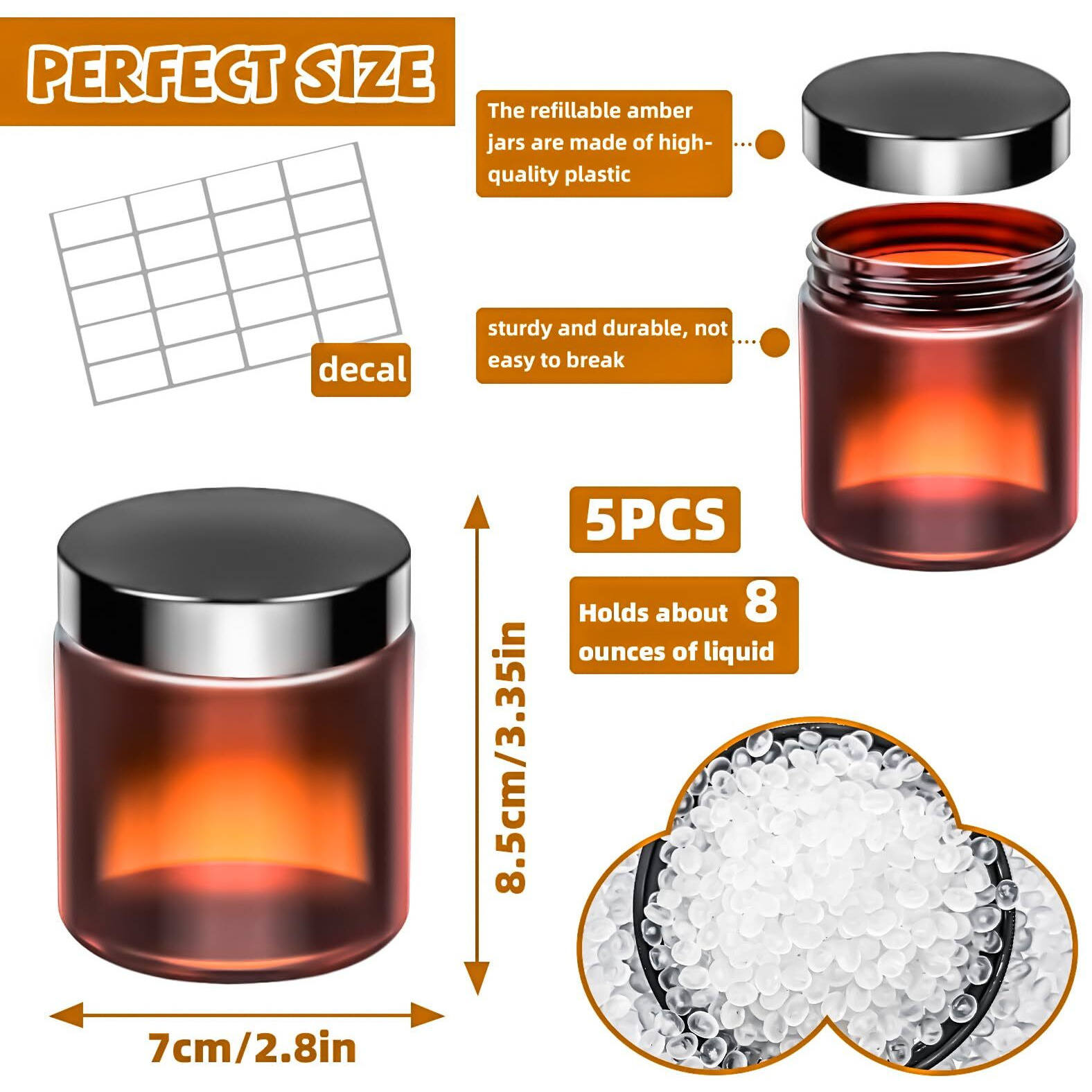 Motbach 5 Pack 8Oz Plastic Jars With Lids, 240Ml Amber Round Cosmetic Containers Makeup Jars, Travel Size Containers Jar For Lotion Cream Eyeshadow Sample Powder Slime Ointment Salve Balm Storage