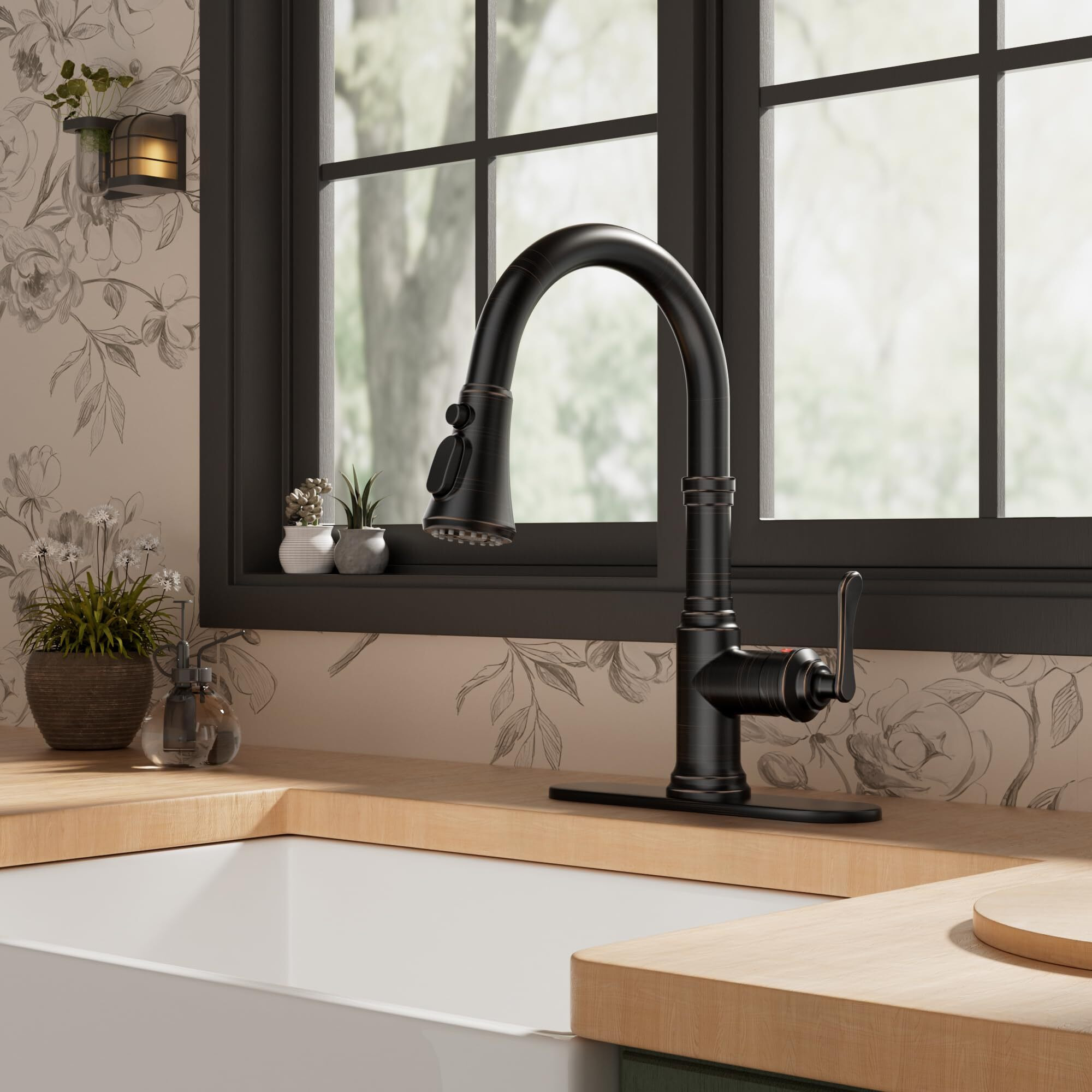 Forious Antique Kitchen Faucets With Pull Down Sprayer Oil Rubbed Brown, 3 In 1 Stainless Steel High Arc Single Handle Sink Faucet For Farmhouse Camper Rv Bar, Fit For 1 Or 3 Hole