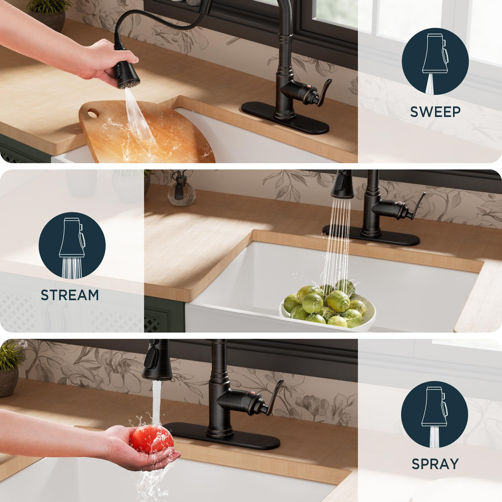 Forious Antique Kitchen Faucets With Pull Down Sprayer Oil Rubbed Brown, 3 In 1 Stainless Steel High Arc Single Handle Sink Faucet For Farmhouse Camper Rv Bar, Fit For 1 Or 3 Hole