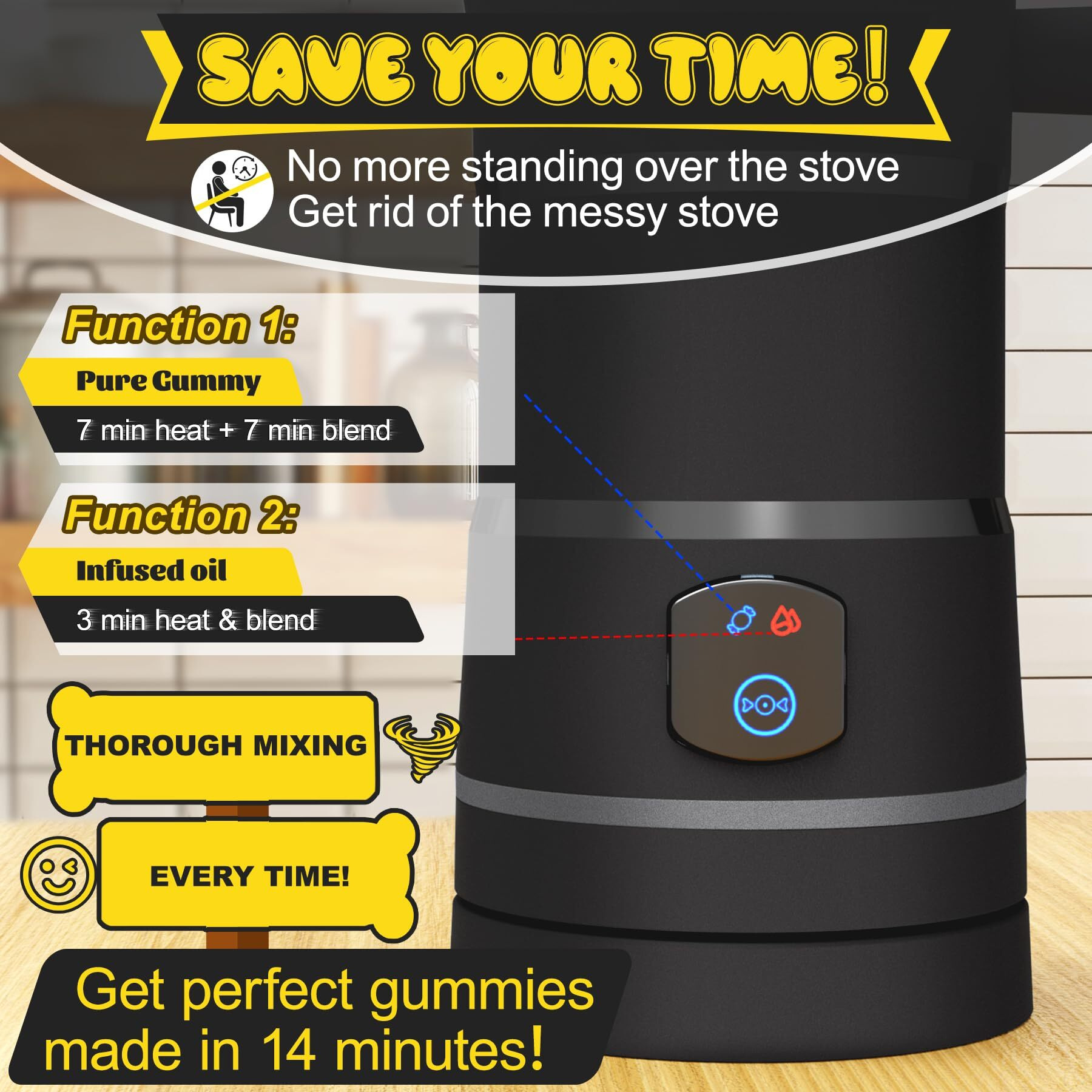 Gummy Maker Machine, Oil Infused Gummy Candy Maker, Diy Edible Gummy, Jelly & Pudding, Gummy Making Kit, Include Bear Mold, Fruit Mold, Worm Mold & Mixing Stick 5-Years Free Replacement (Black)