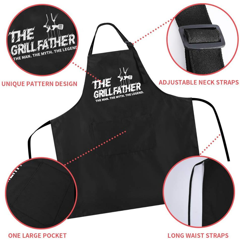 Zooron Funny Black Chef Aprons For Men Adjustable Bbq Kitchen Cooking Aprons With Pocket Waterproof Oil Proof Fathers Day/Birthday (The Grillfather)