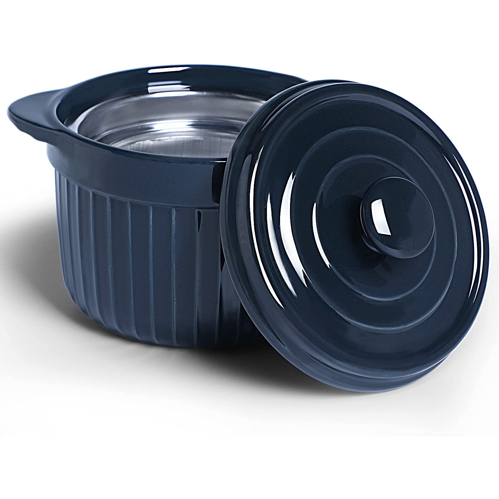 Ceramic Bacon Grease Container Keeper With Strainer, Frying Oil Storage Can, Navy