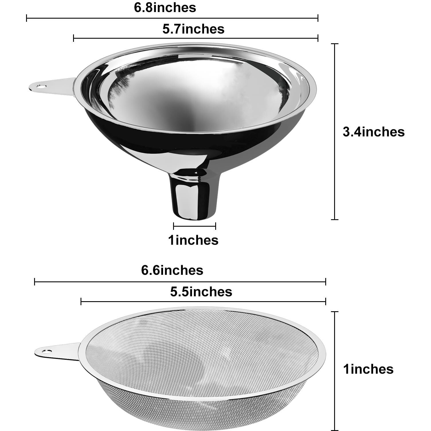 Serinar Stainless Steel Large Funnel With Filter (5.7 In. X 1 In. Mouth) With 50 Mesh Stainless Steel Food Filter, Metal Funnel For Bottle Filling, Food Funnel For Oil, Juice, Coffee, Honey, Milk