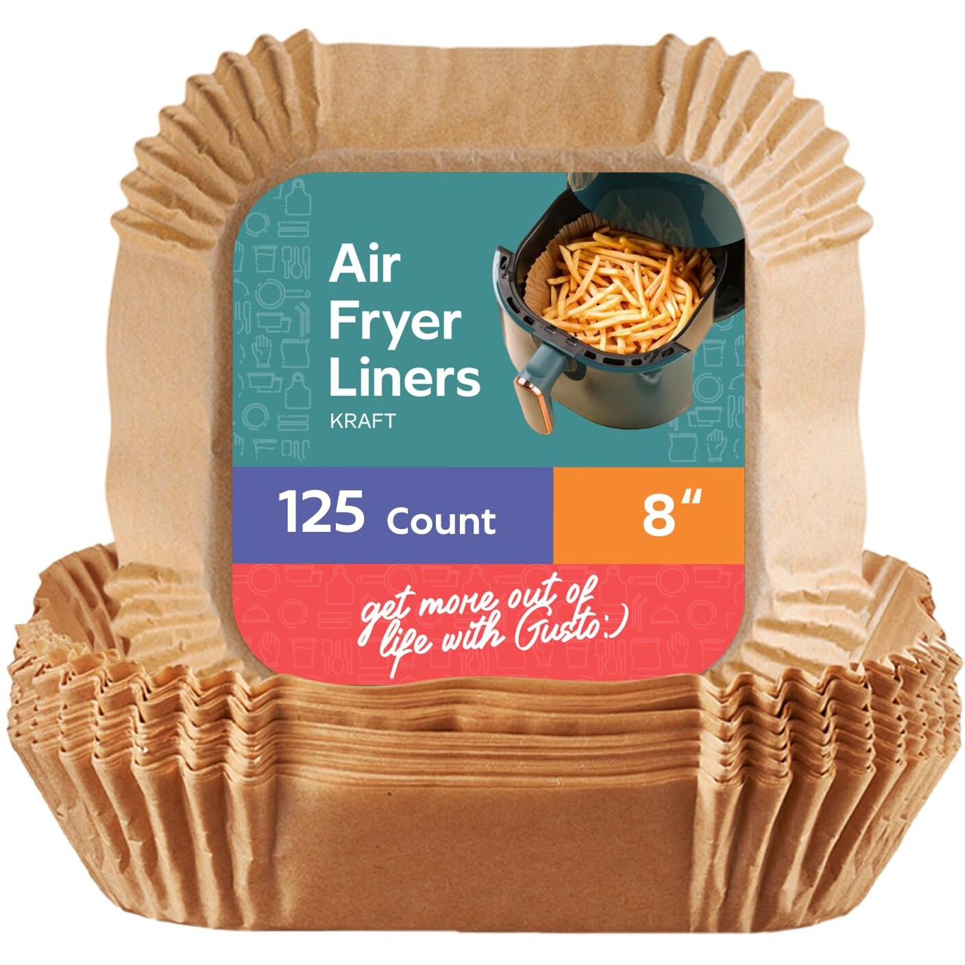 Gusto [8 Inch - 125 Count] Square Air Fryer Liners Disposable - Non-Stick, Oil & Water Resistant Parchment Paper - Fits 5-8 Qt Square Air Fryers, Ovens & More (Formerly Comfy Package)