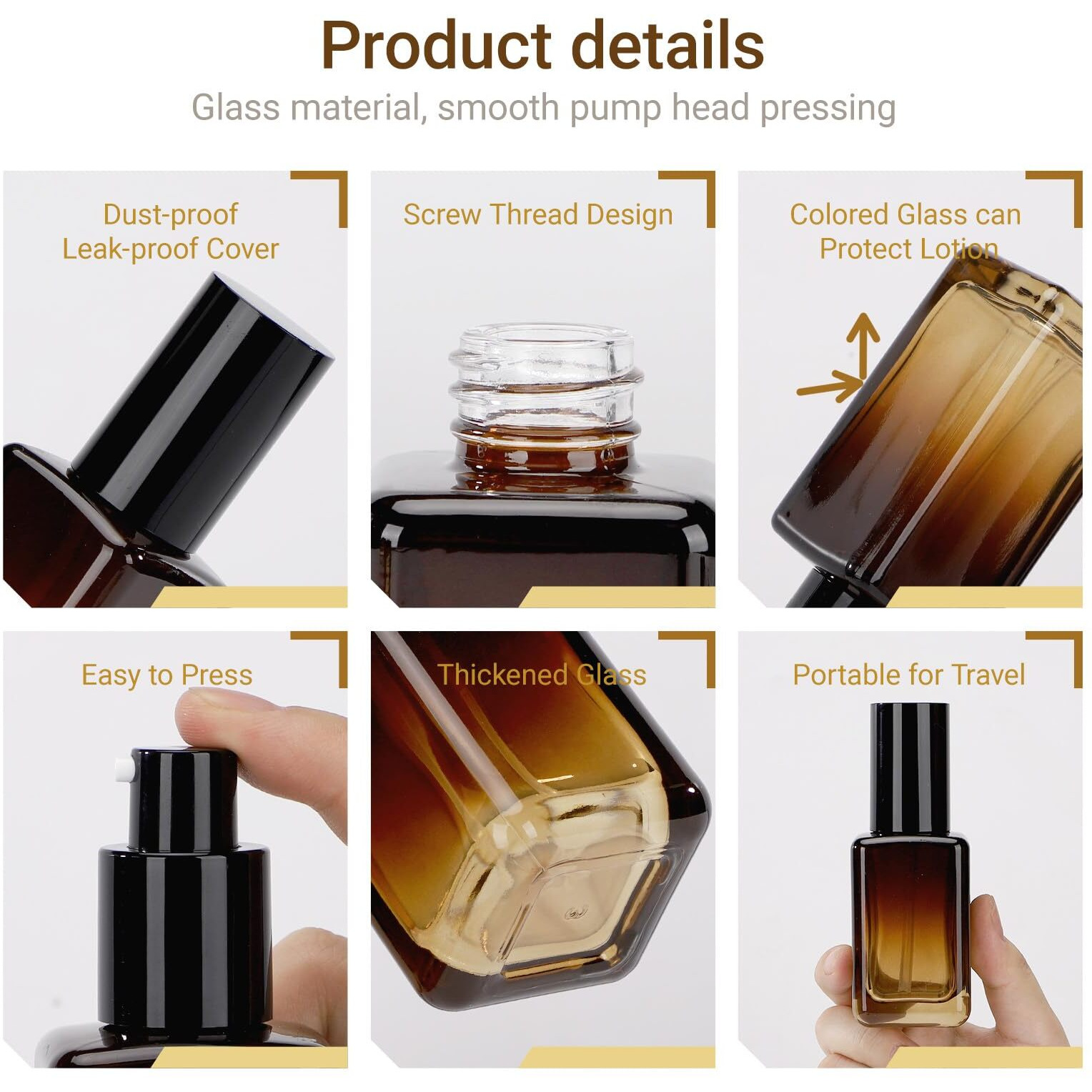 Segbeauty 2Pcs 50Ml Empty Refillable Glass Pump Bottle, 1.69Oz Glass Containers Dispenser Gradient Brown Empty Bottles Travel Size Lotion Bottle With Pump For Essential Oil Blends Cream Lotion