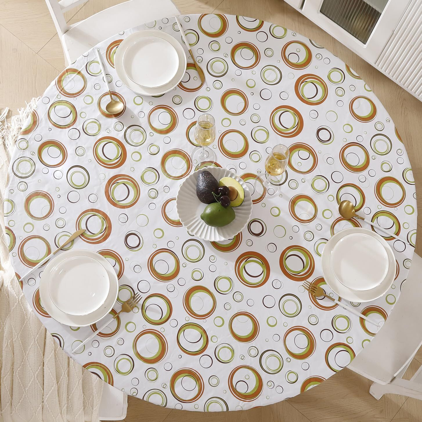 Round Vinyl Fitted Tablecloth With Flannel Backing Elastic Edge Design Table Cover Waterproof Oil-Proof Pvc Table Cloth Stain-Resistant Best For 45""-56"" Round