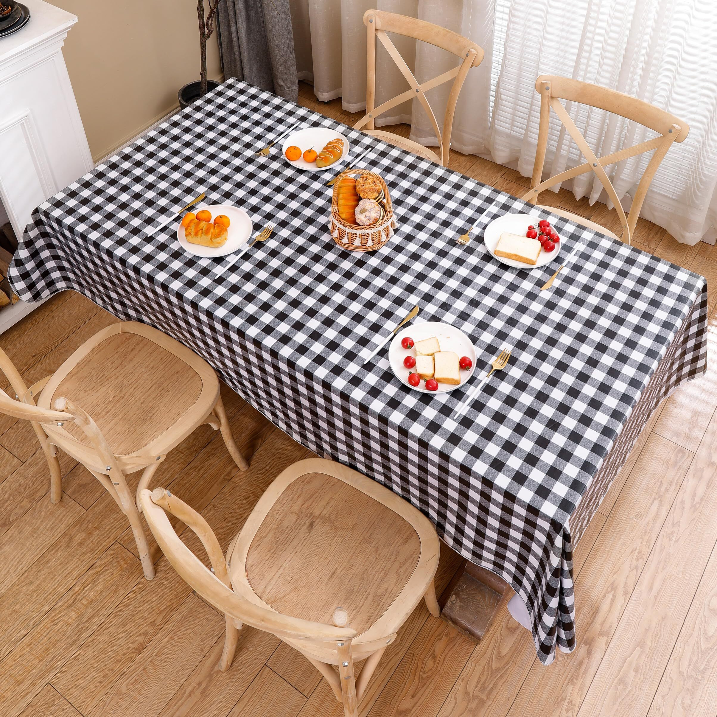 Heavy Duty Vinyl Tablecloth With Flannel Backing Waterproof Oil-Proof Plastic Table Cloth Stain-Resistant Wipeable Rectangle Or Square Table Cover For Indoor And Outdoor (Black Checkered, 52X70 Inch)