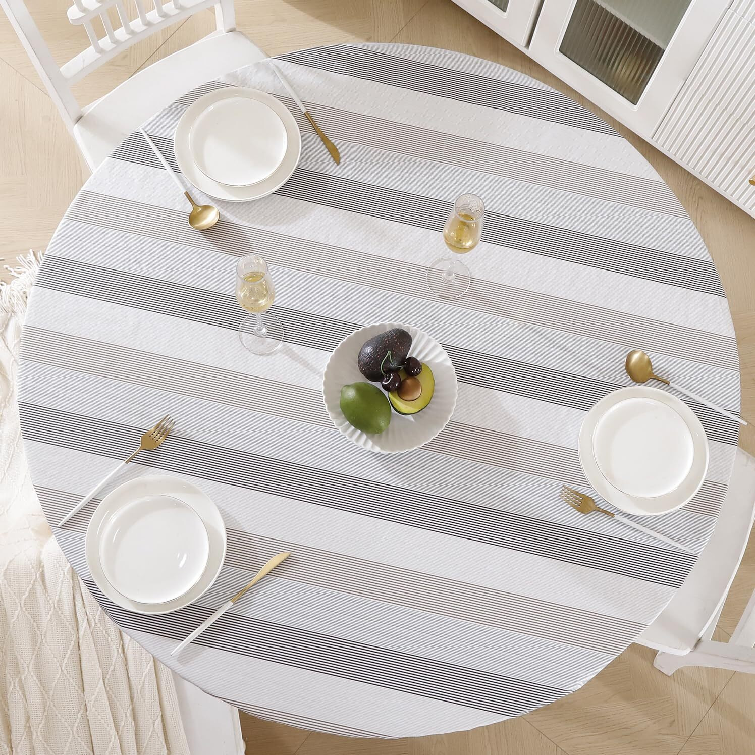 Round Vinyl Fitted Tablecloth With Flannel Backing Elastic Edge Design Table Cover Waterproof Oil-Proof Pvc Table Cloth Stain-Resistant Best For 32""-36"" Round